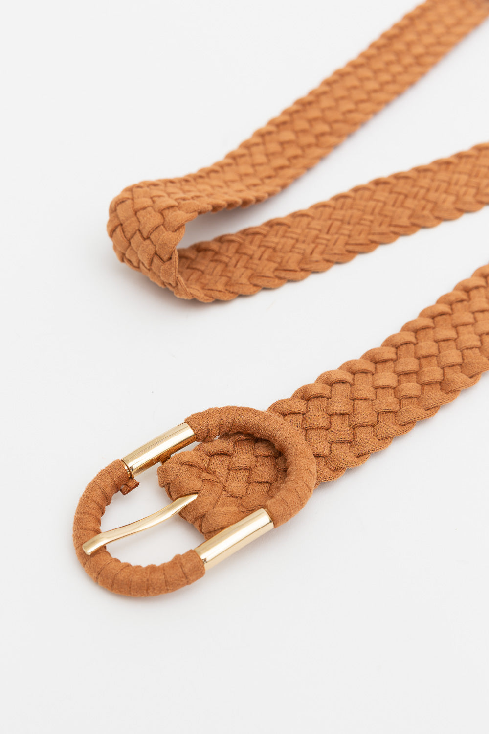 Braided Suede Accent Oval Buckle Belt featuring a stylish braided design and a sleek oval buckle, perfect for casual and dressy occasions.