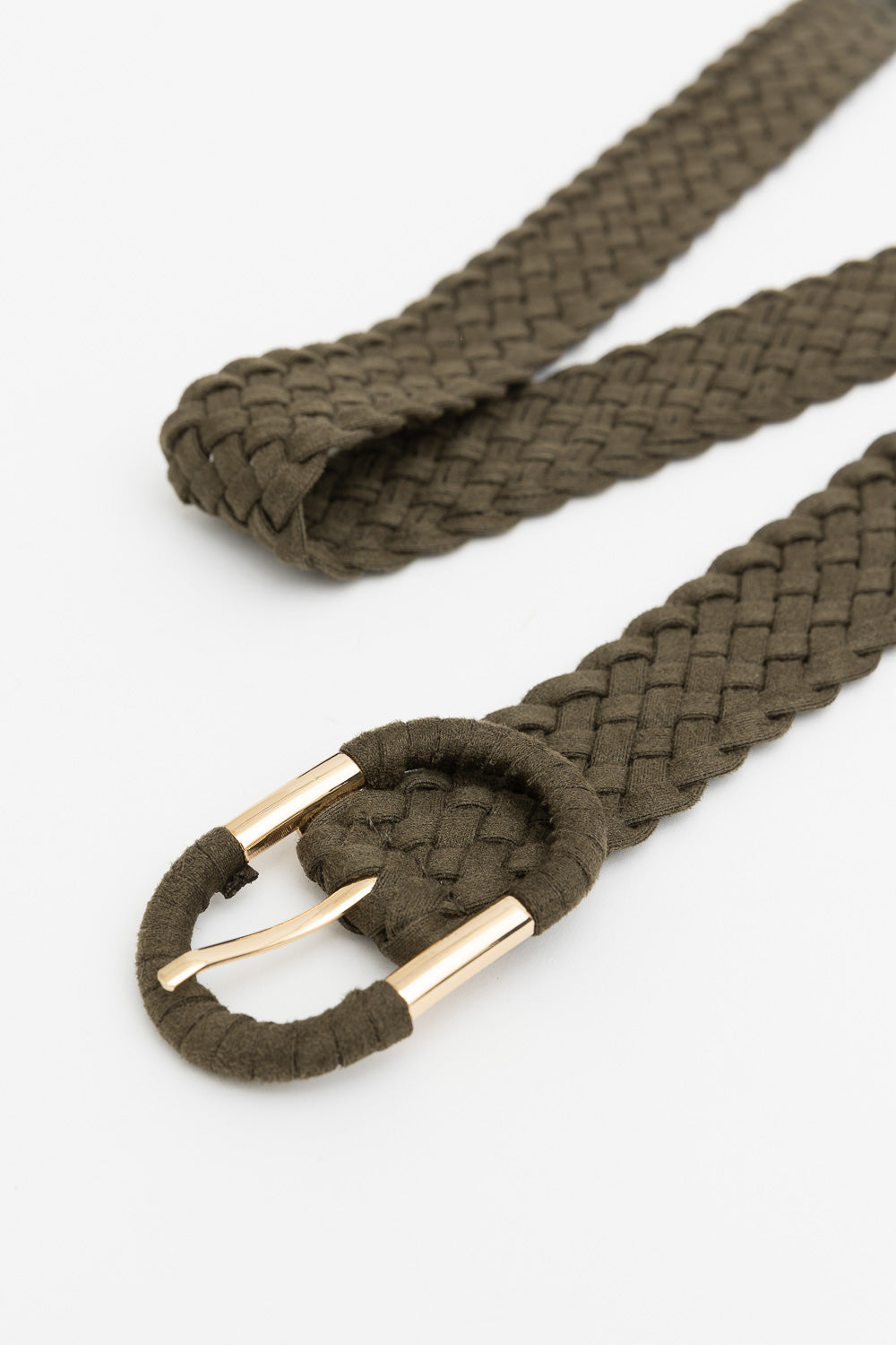 Braided Suede Accent Oval Buckle Belt featuring a stylish braided design and a sleek oval buckle, perfect for casual and dressy occasions.