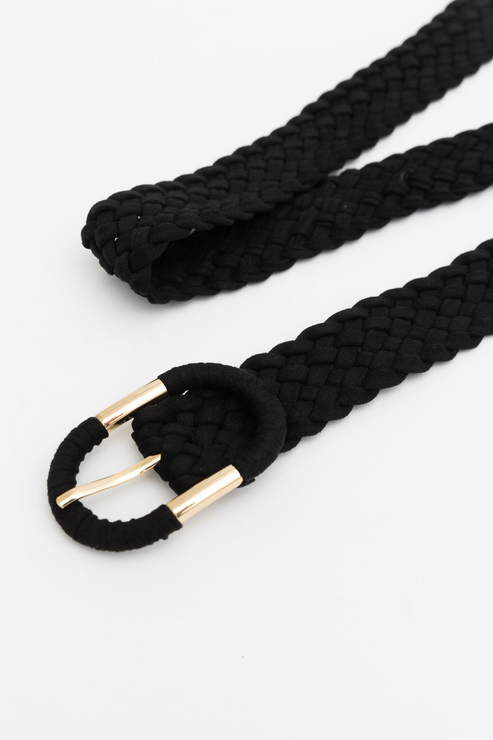 Braided Suede Accent Oval Buckle Belt featuring a stylish braided design and a sleek oval buckle, perfect for casual and dressy occasions.