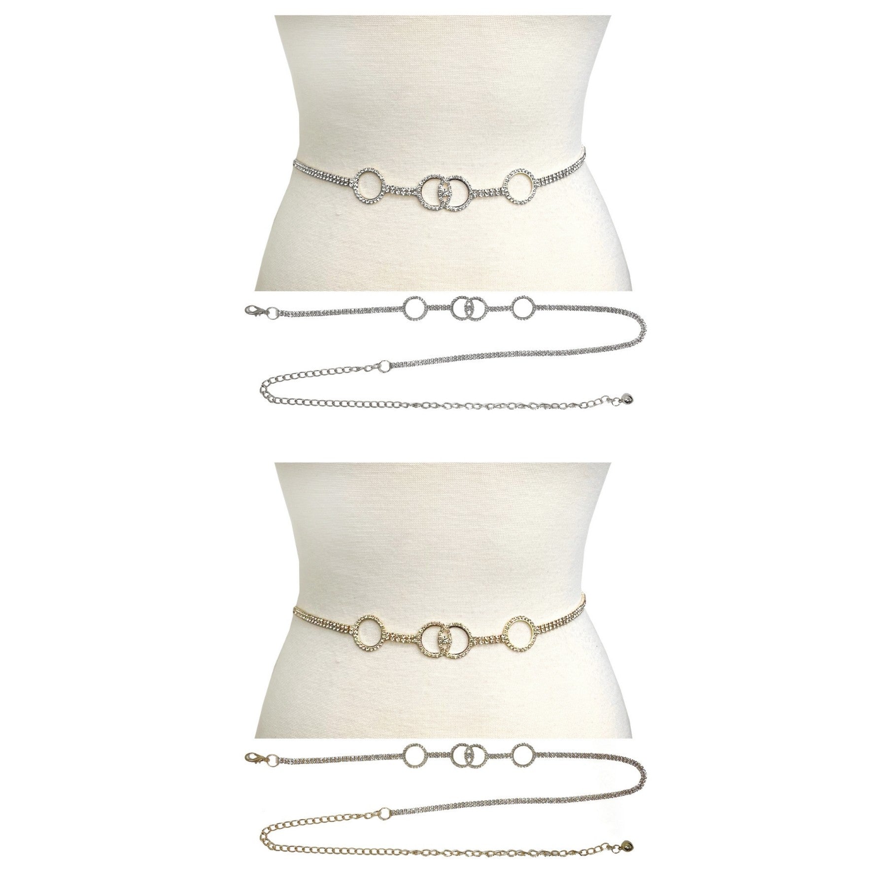 Crystal Double Circle Belt featuring a double circle design with sparkling crystals, lobster claw clasp, and a stylish hook closure.