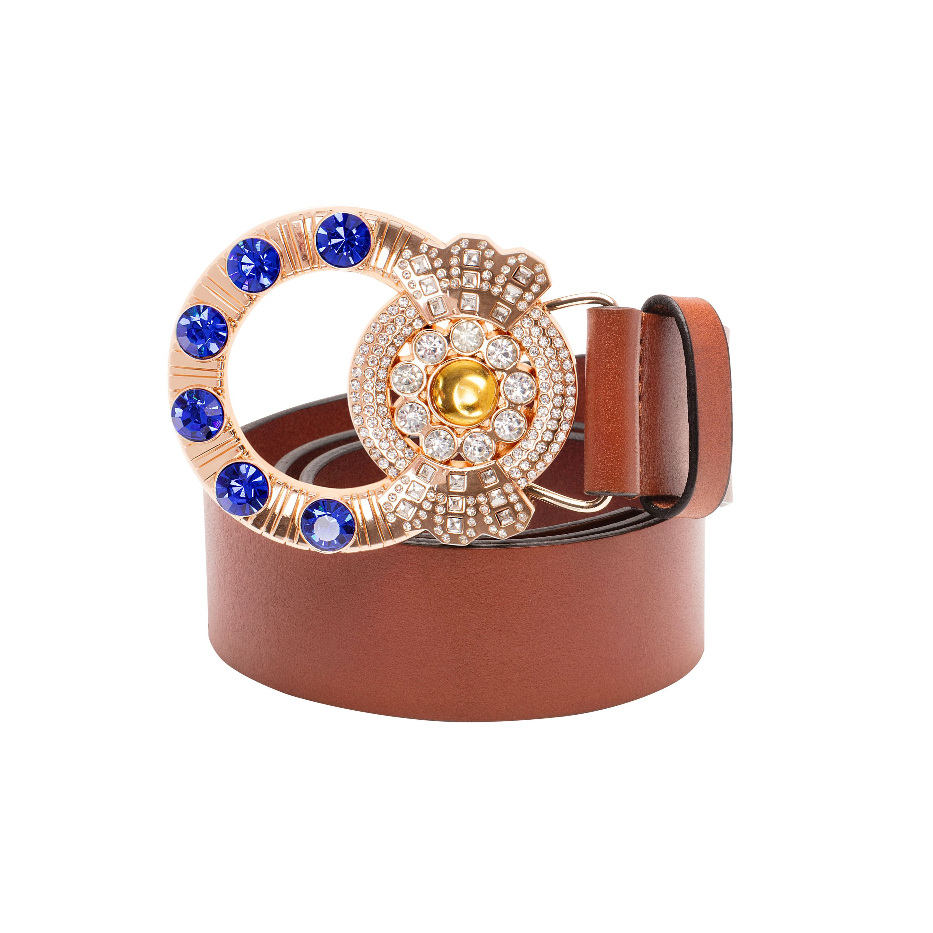 Marquis Belt made of brown full grain leather with zirconia stones and gold-tone accents, showcasing its elegant design and vibrant blue stones.