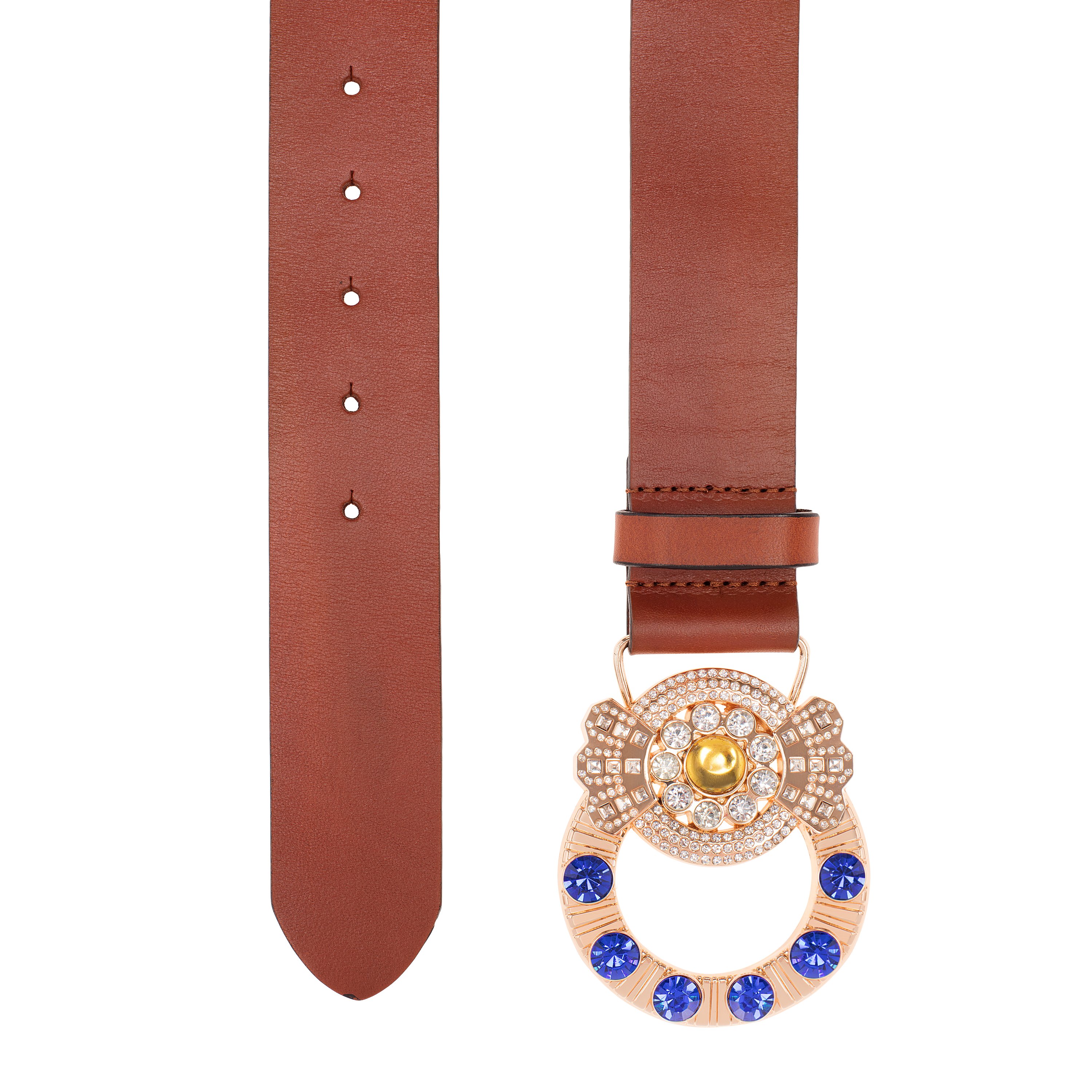 Marquis Belt made of brown full grain leather with zirconia stones and gold-tone accents, showcasing its elegant design and vibrant blue stones.