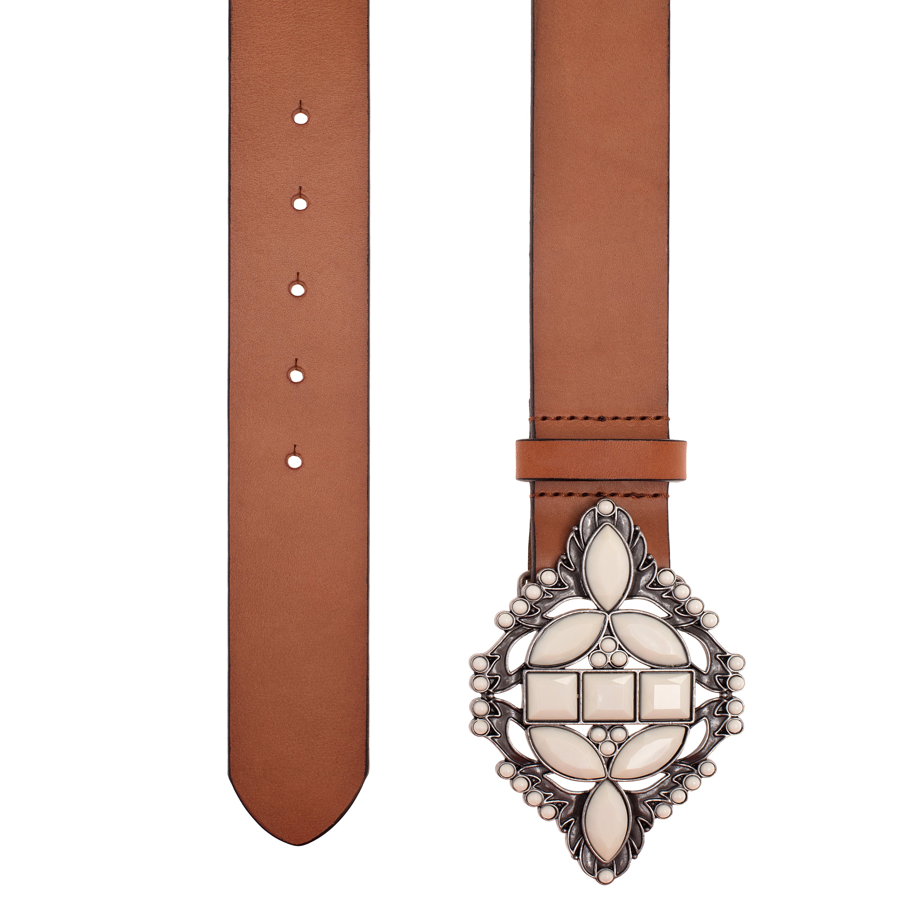 Medora Belt featuring a floral brass buckle and full grain leather strap in brown color, elegantly styled for boho-chic fashion.