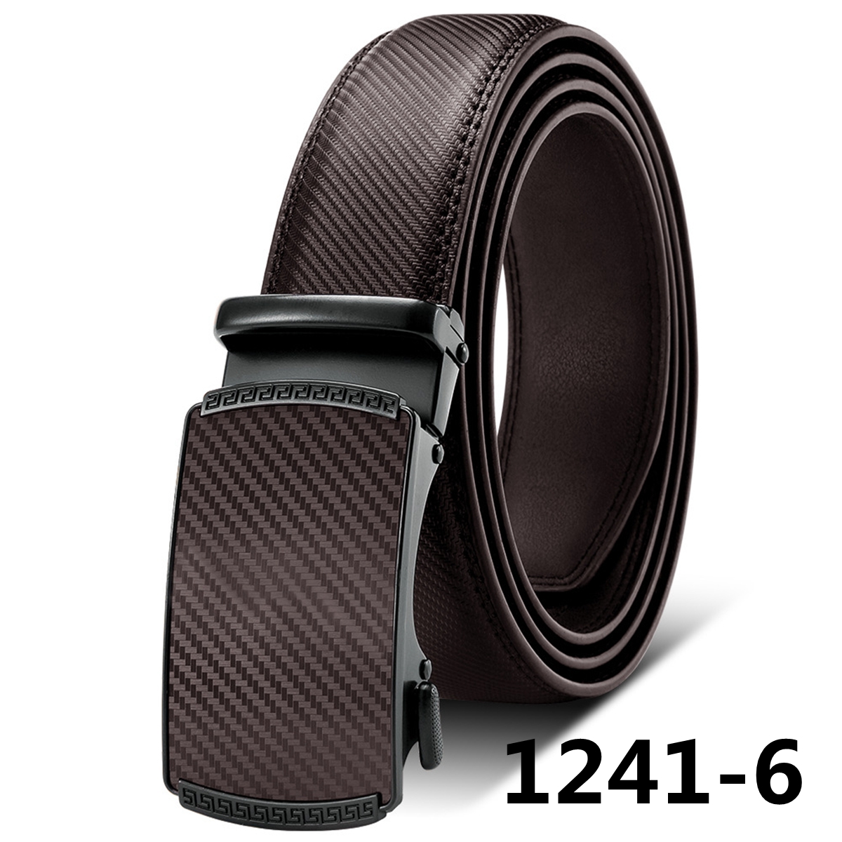 Men's ratchet belt made of genuine leather, featuring a sleek sliding buckle mechanism and available in black and brown colors.