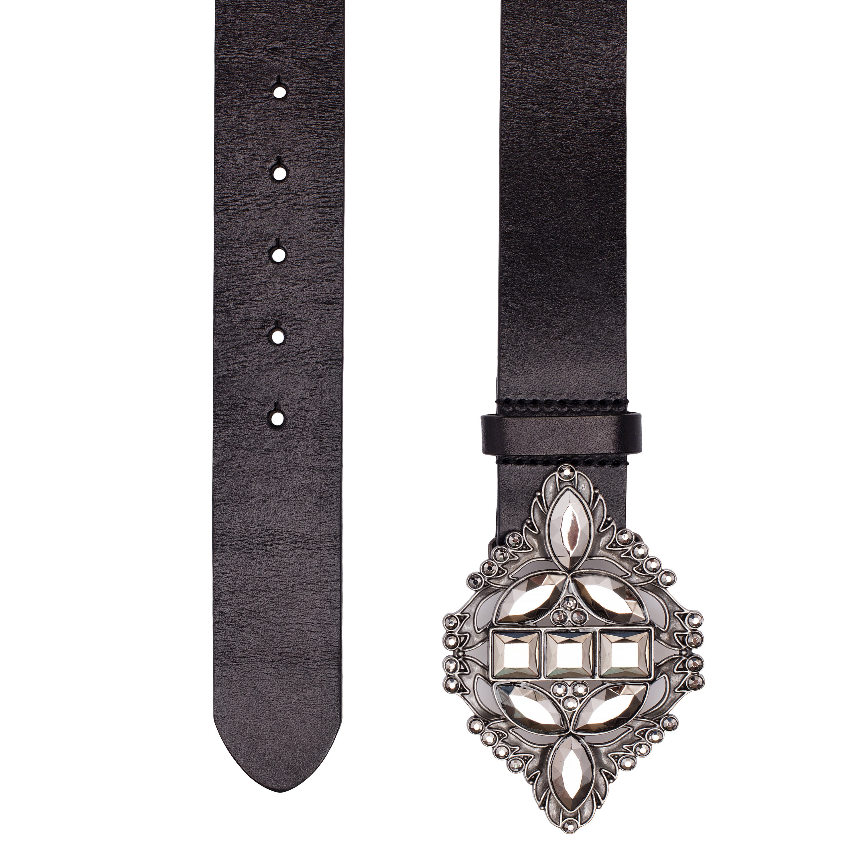 Paloma Belt featuring a black leather strap and ornate buckle with translucent black stones, showcasing casual elegance.