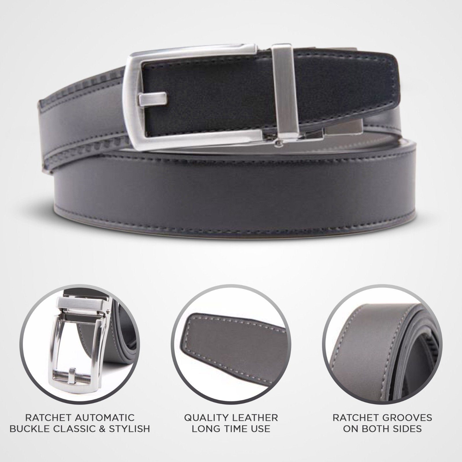 Patented Reversible Ratchet Belt in black and cognac colors with an automatic buckle, showcasing its sleek design and genuine leather material.