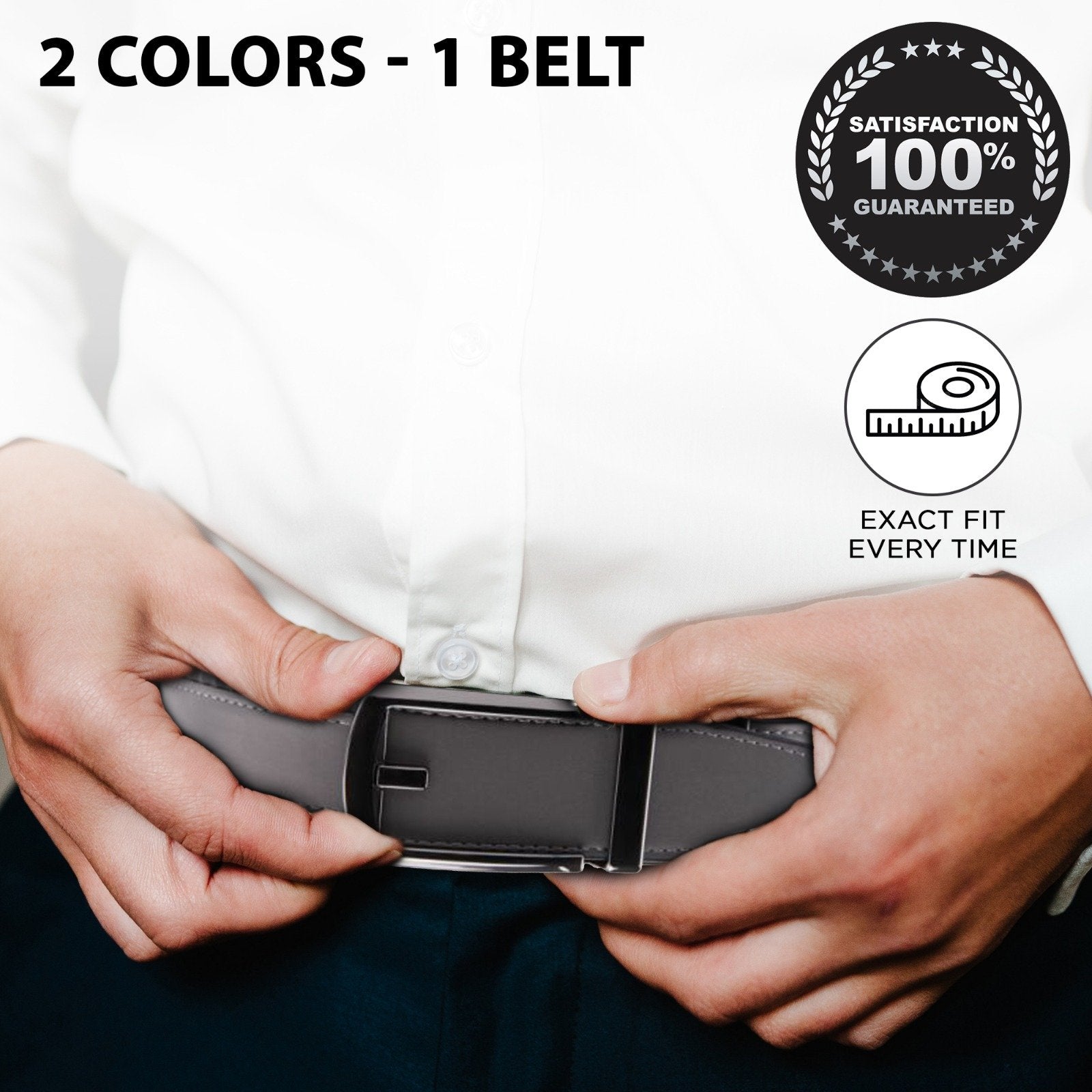 Patented Reversible Ratchet Belt in black and cognac colors with an automatic buckle, showcasing its sleek design and genuine leather material.