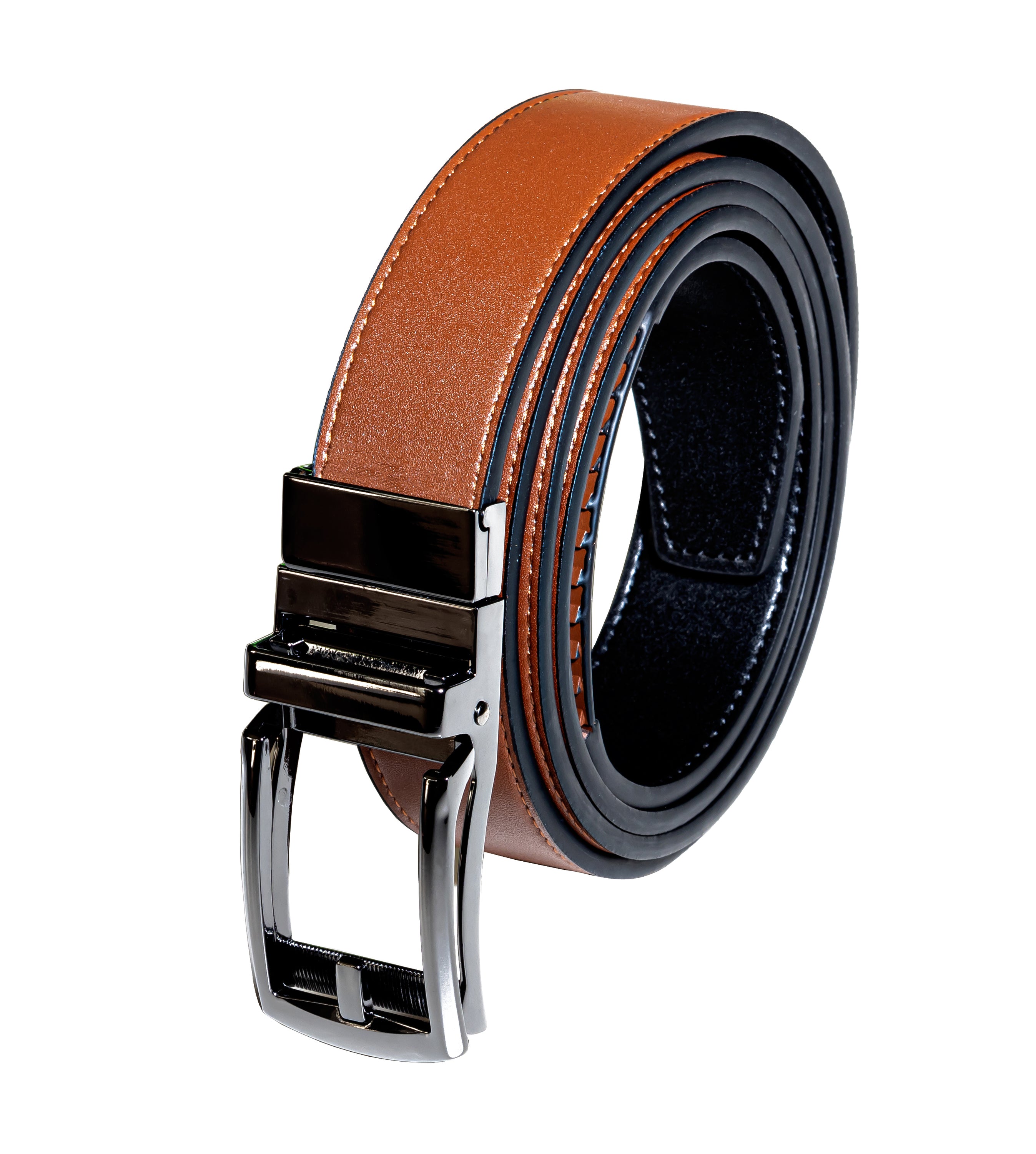 Patented Reversible Ratchet Belt in black and cognac colors with an automatic buckle, showcasing its sleek design and genuine leather material.