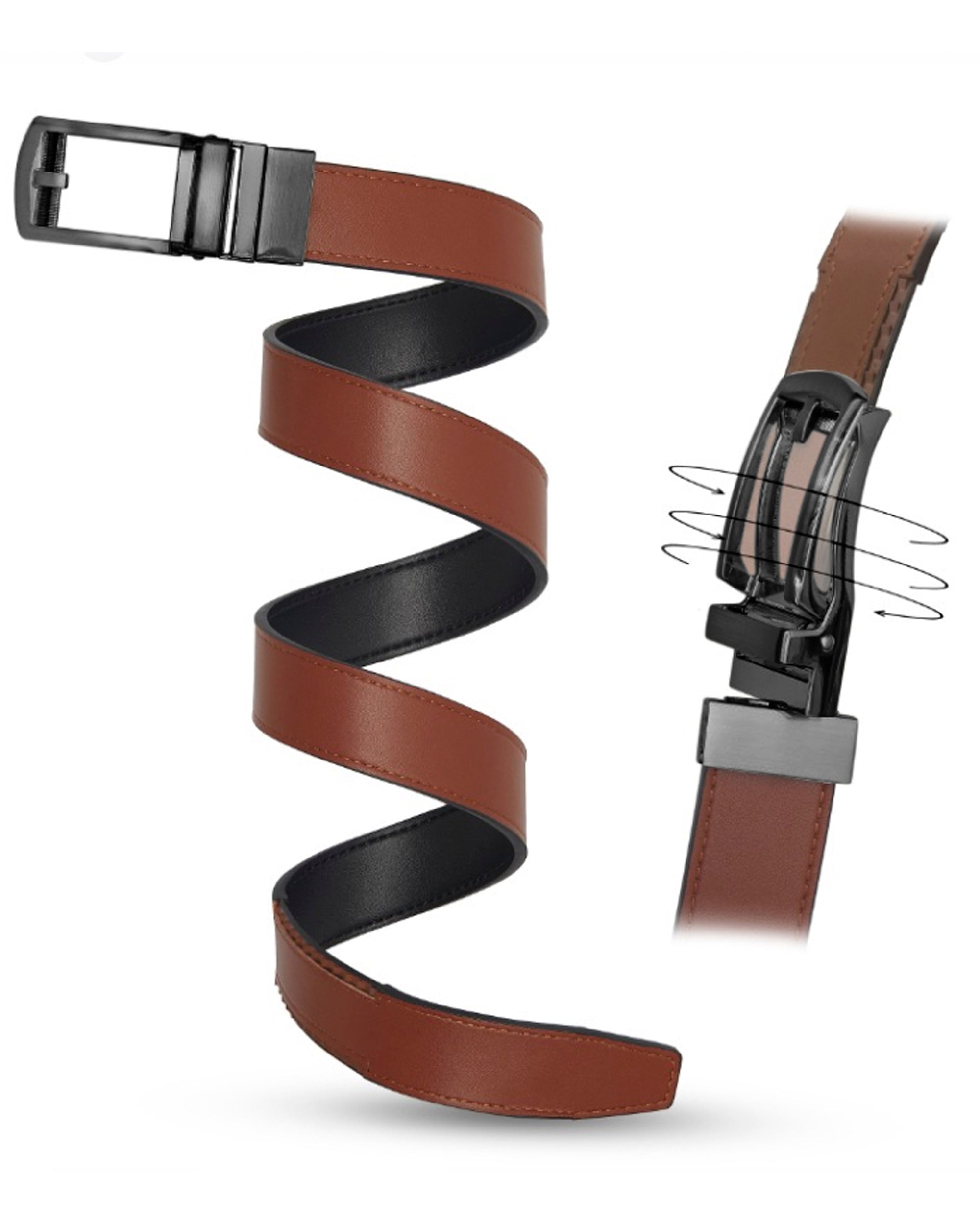 Patented Reversible Ratchet Belt in black and cognac colors with an automatic buckle, showcasing its sleek design and genuine leather material.