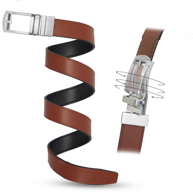 Patented Reversible Ratchet Belt in black and cognac colors with an automatic buckle, showcasing its sleek design and genuine leather material.