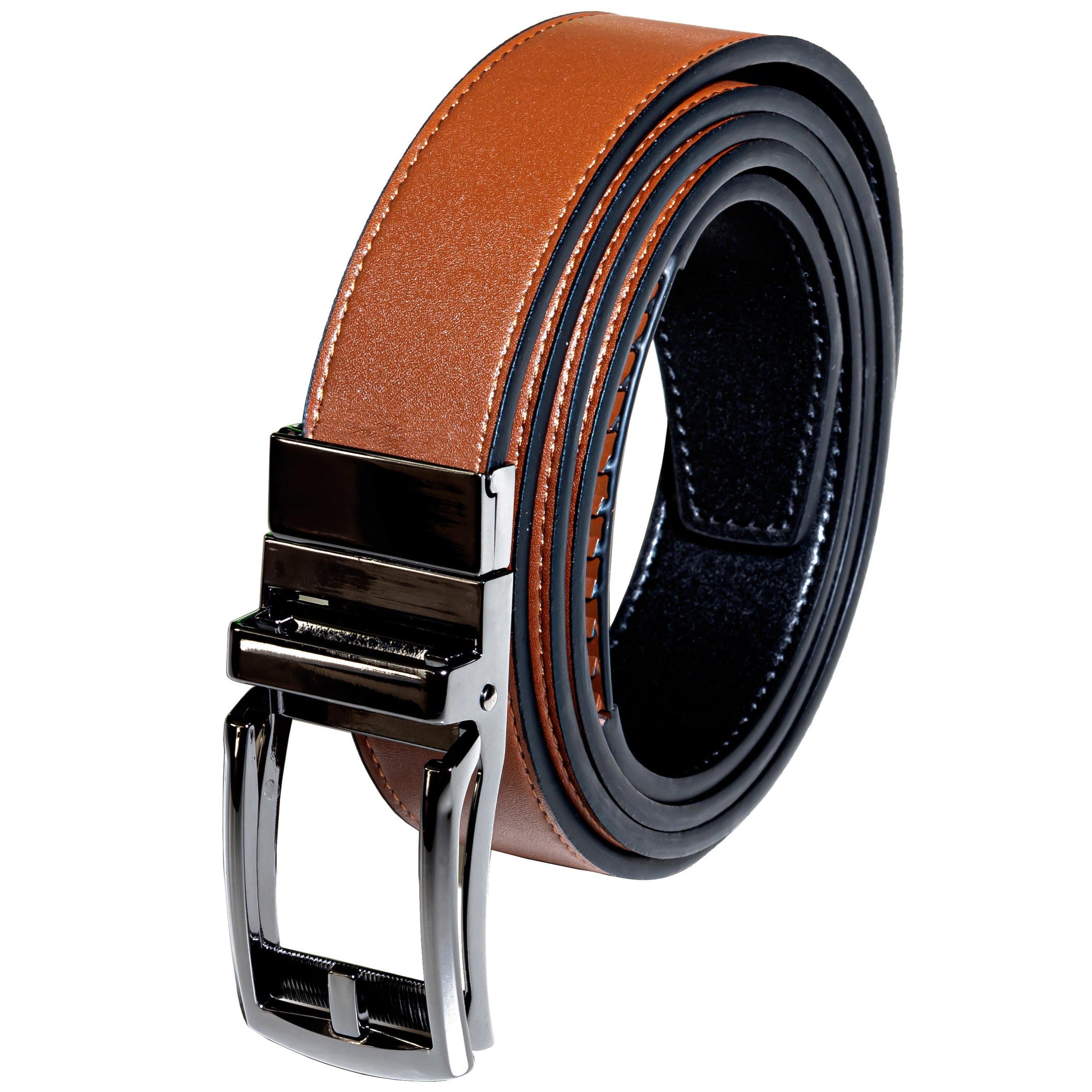 Patented Reversible Ratchet Belt in black and cognac colors with an automatic buckle, showcasing its sleek design and genuine leather material.