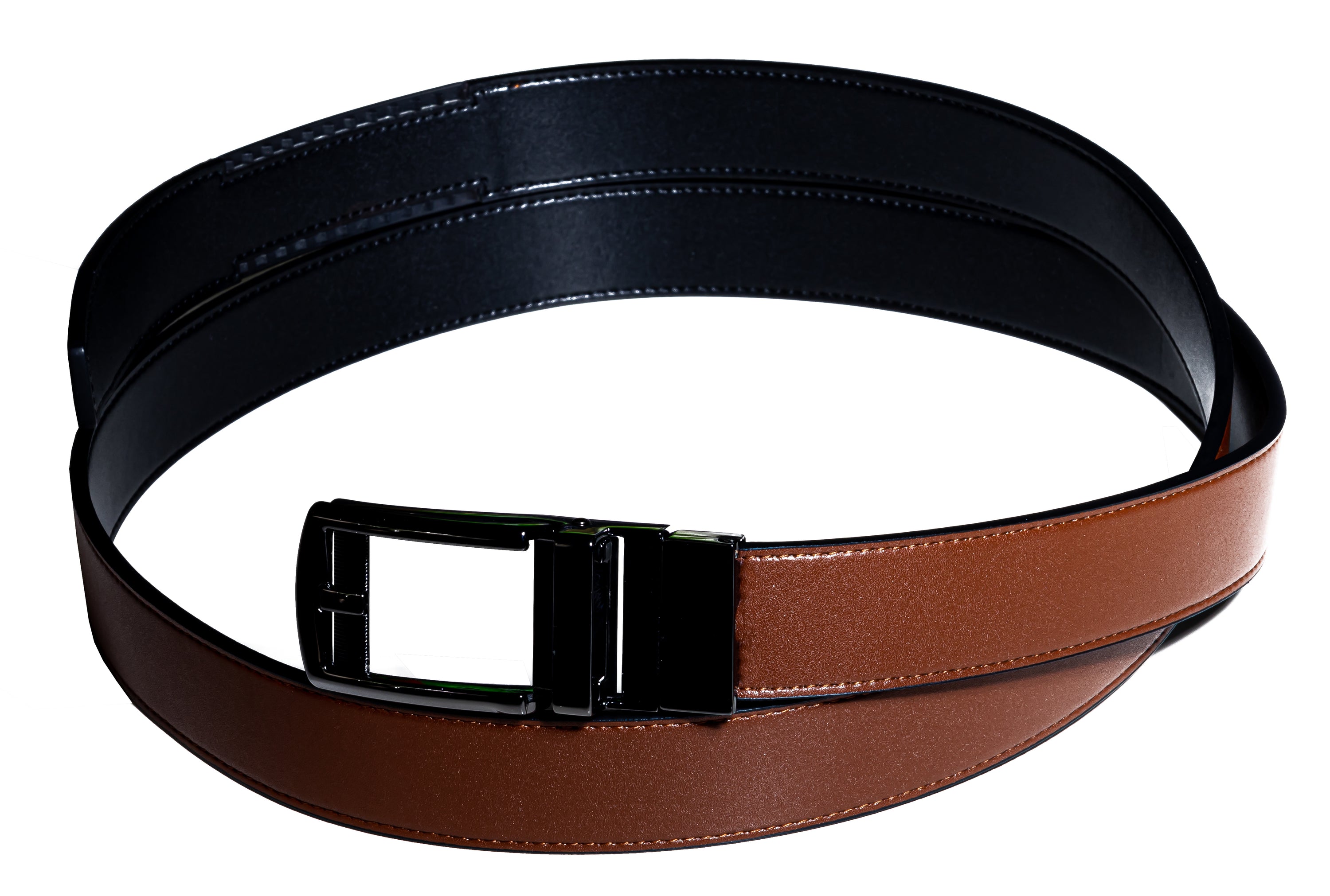 Patented Reversible Ratchet Belt in black and cognac colors with an automatic buckle, showcasing its sleek design and genuine leather material.