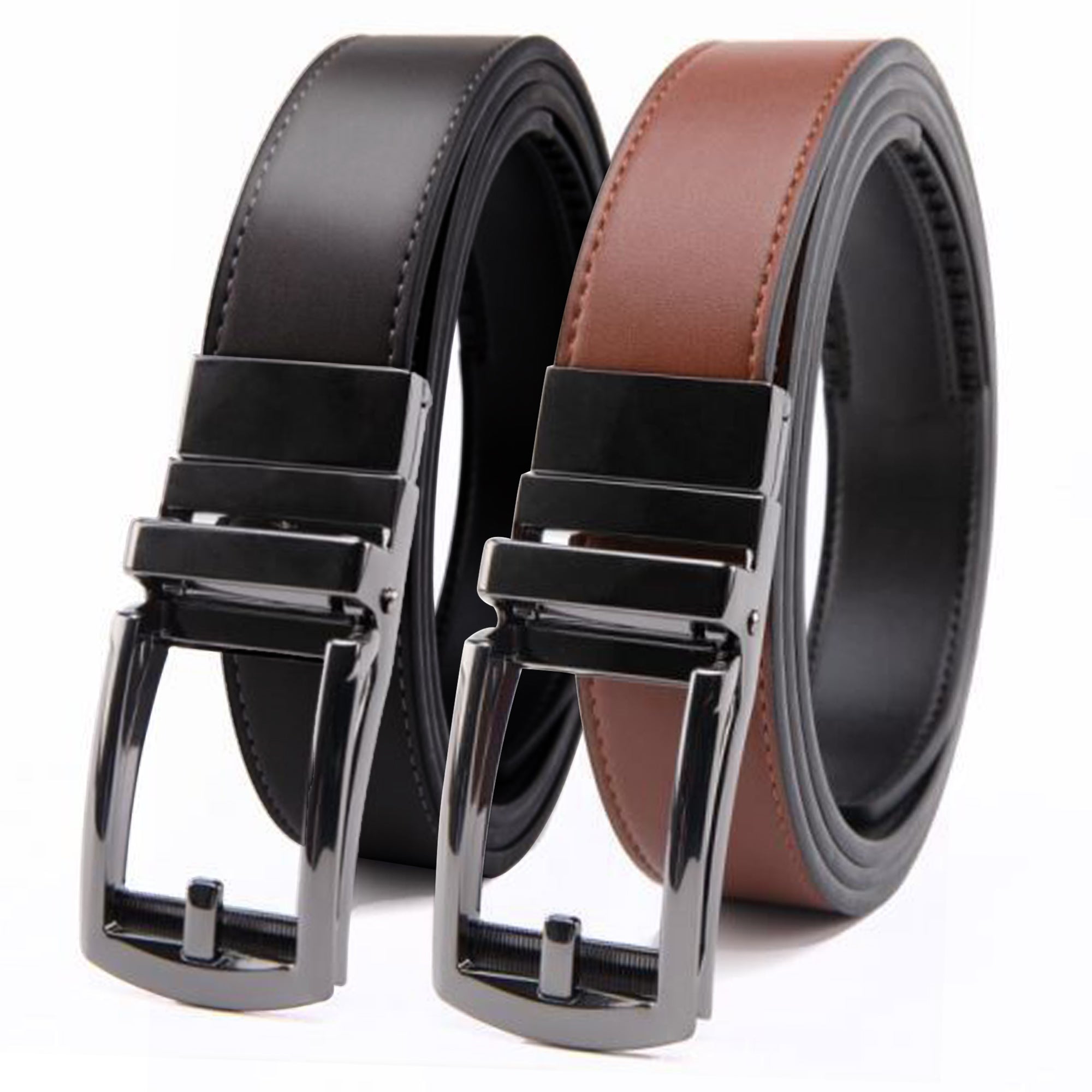 Patented Reversible Ratchet Belt in black and cognac colors with an automatic buckle, showcasing its sleek design and genuine leather material.