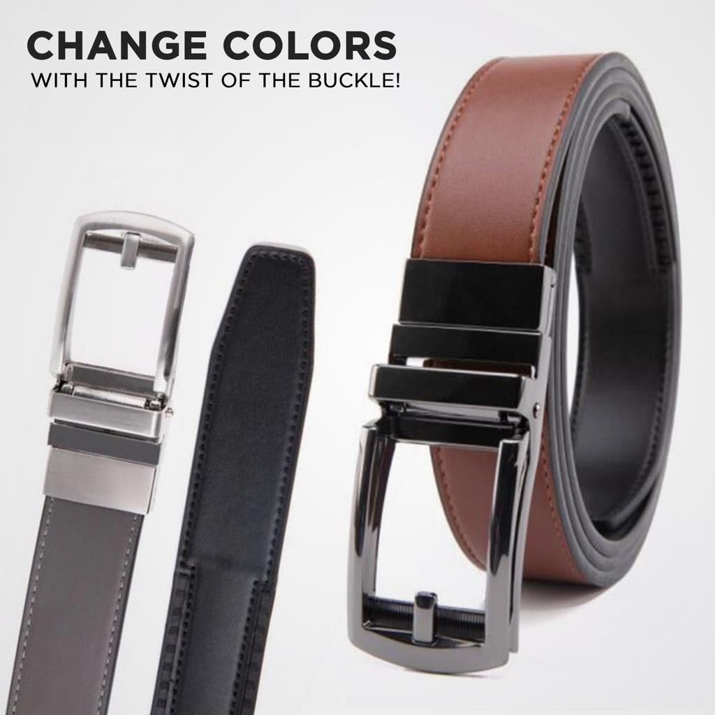 Patented Reversible Ratchet Belt in black and cognac colors with an automatic buckle, showcasing its sleek design and genuine leather material.