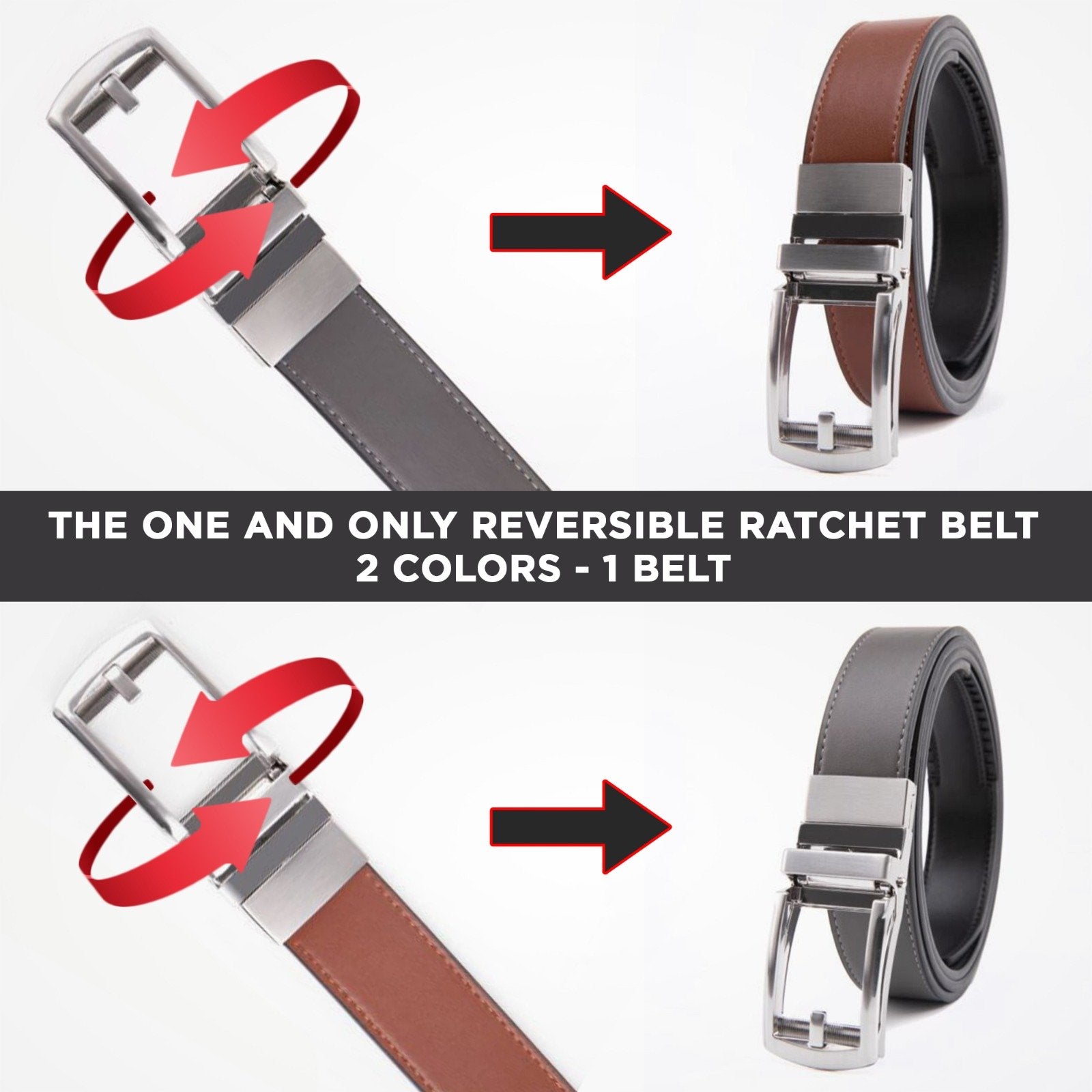 Patented Reversible Ratchet Belt in black and cognac colors with an automatic buckle, showcasing its sleek design and genuine leather material.