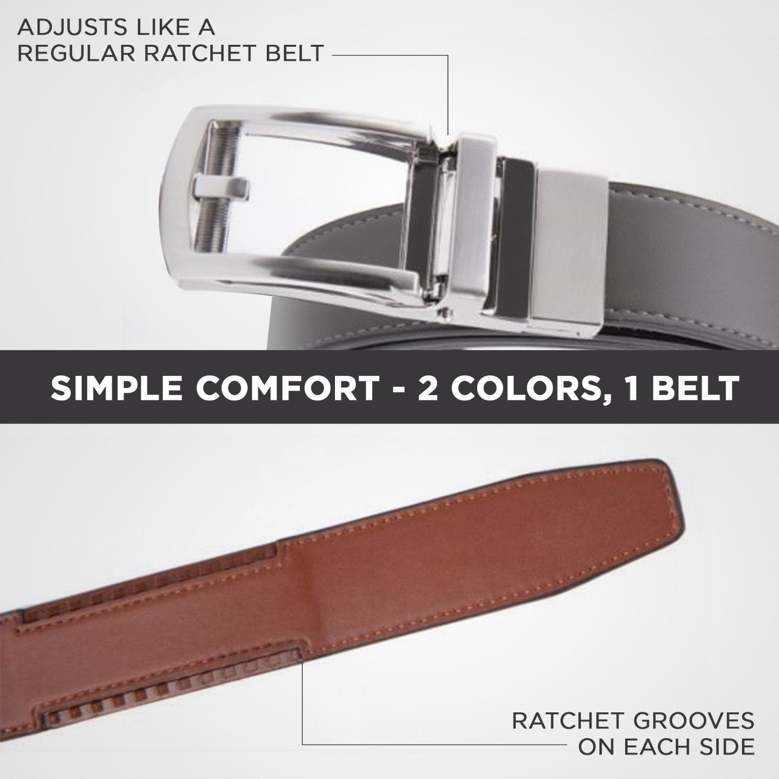 Patented Reversible Ratchet Belt in black and cognac colors with an automatic buckle, showcasing its sleek design and genuine leather material.