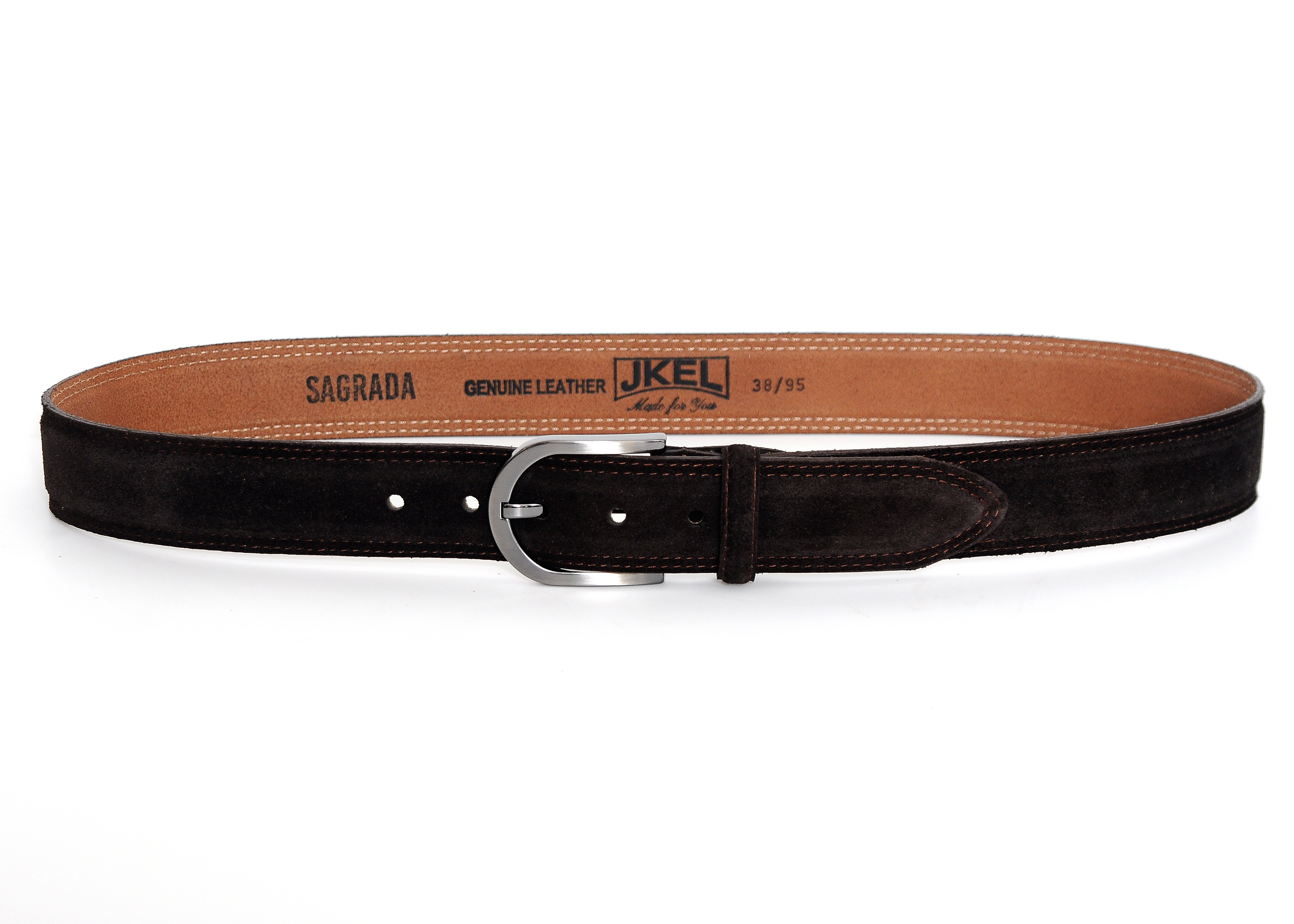 Sagrada Dark Brown Suede Belt with nickel-free buckle, showcasing luxurious suede texture and elegant design.