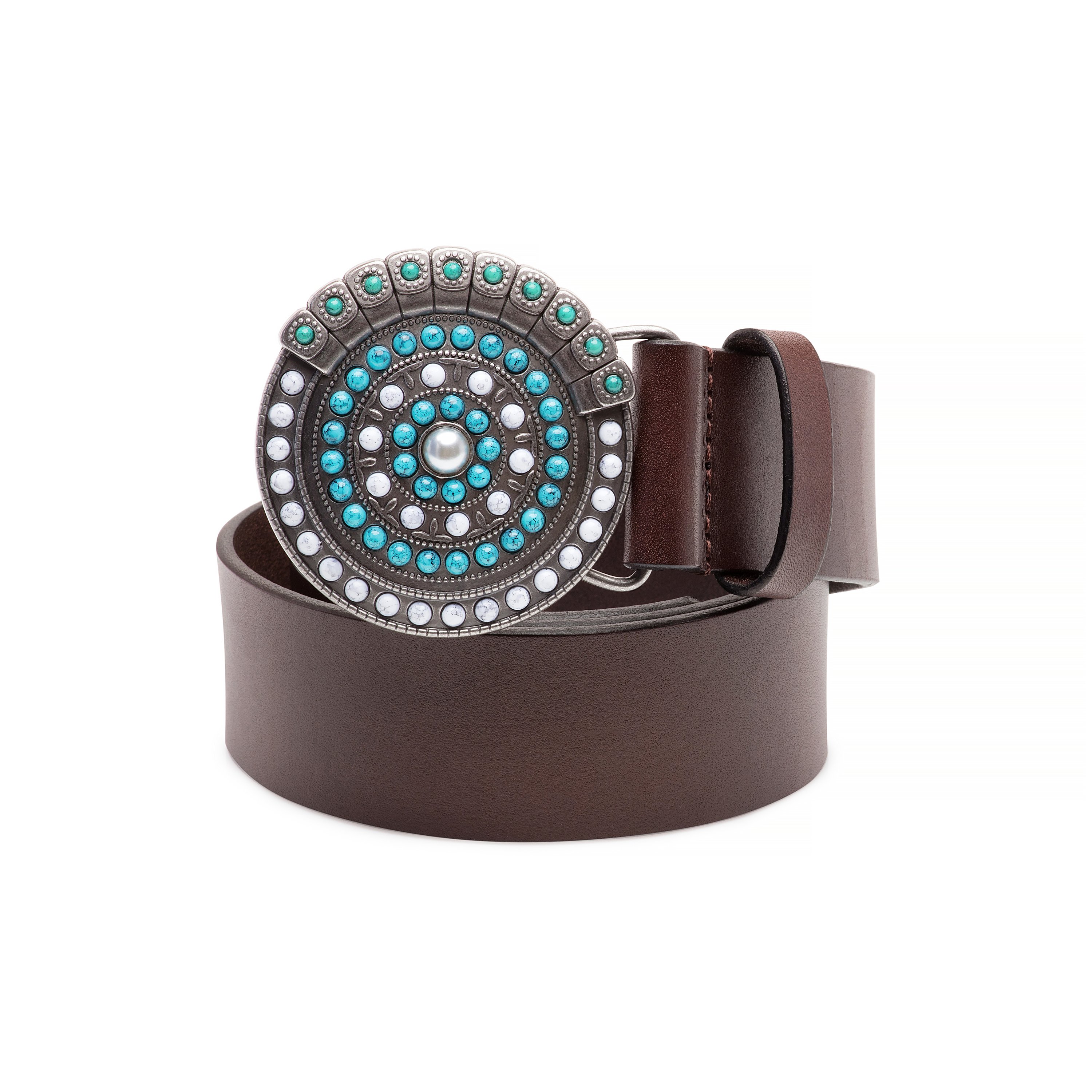 Sedona Belt in rich brown leather with turquoise accents and zinc alloy buckle, showcasing its boho-chic design and craftsmanship.