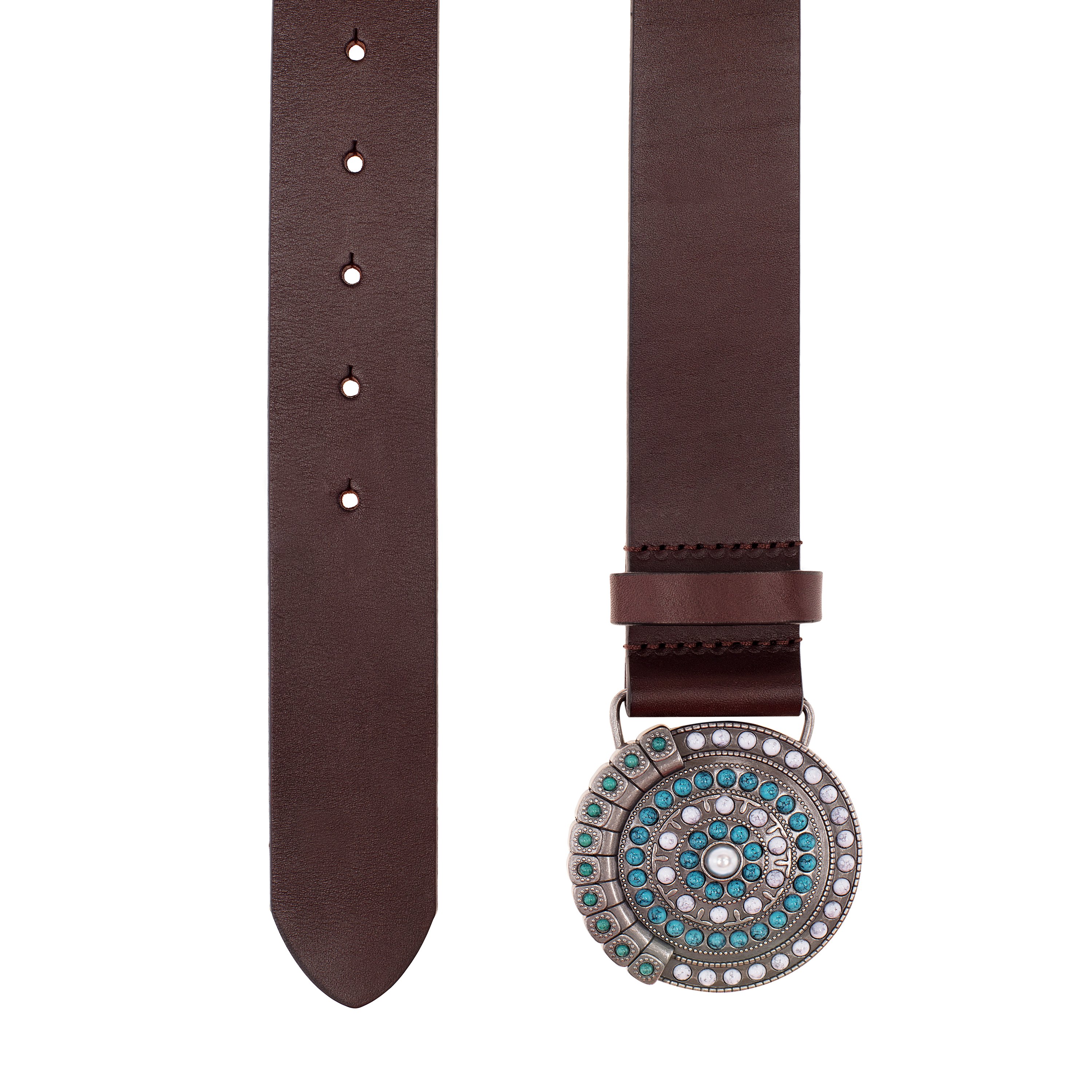 Sedona Belt in rich brown leather with turquoise accents and zinc alloy buckle, showcasing its boho-chic design and craftsmanship.