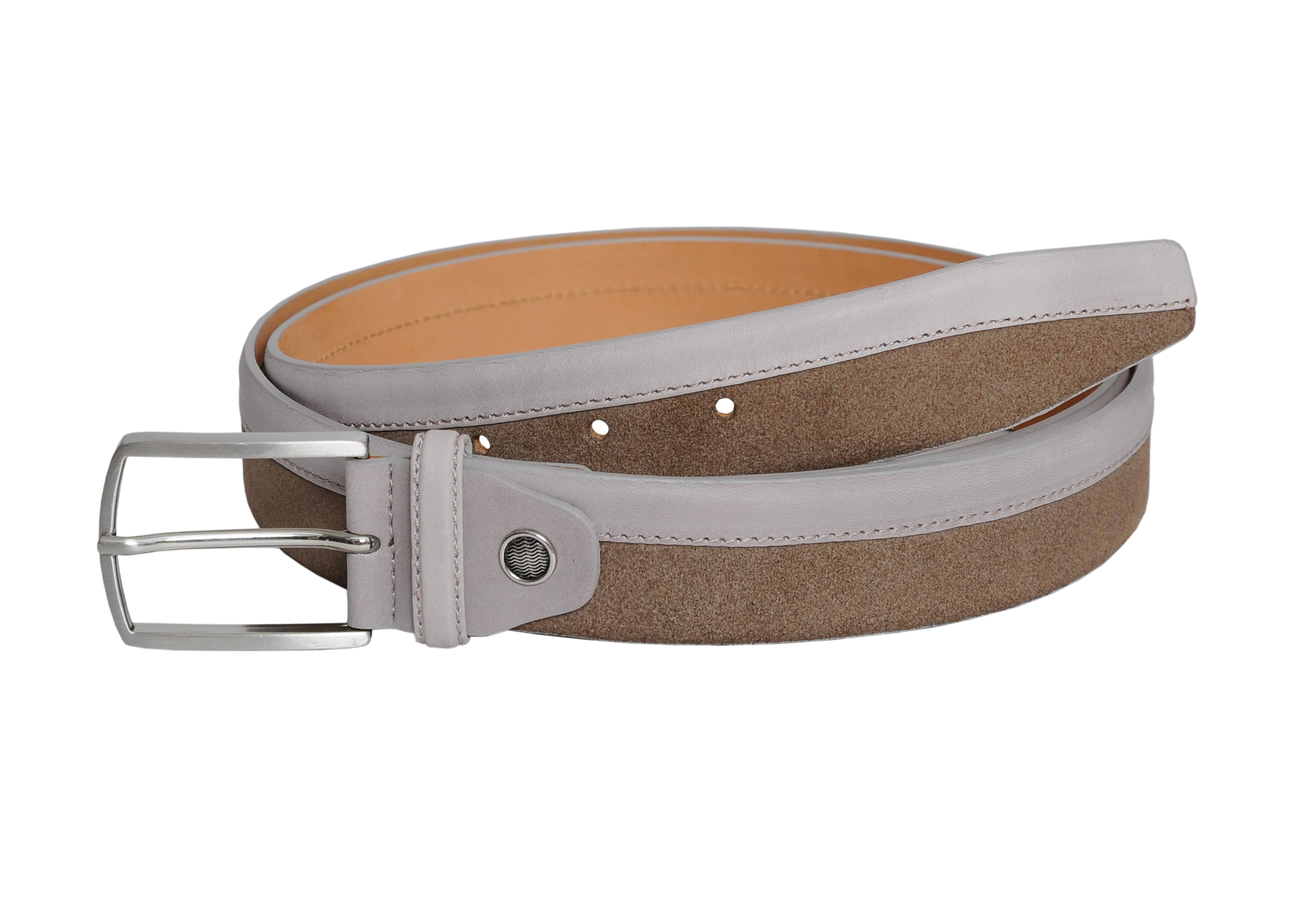 Siene Beige Leather Men Suede Belt featuring soft beige suede, light grey leather trim, and a simple silver buckle, elegantly displayed in a gift box.