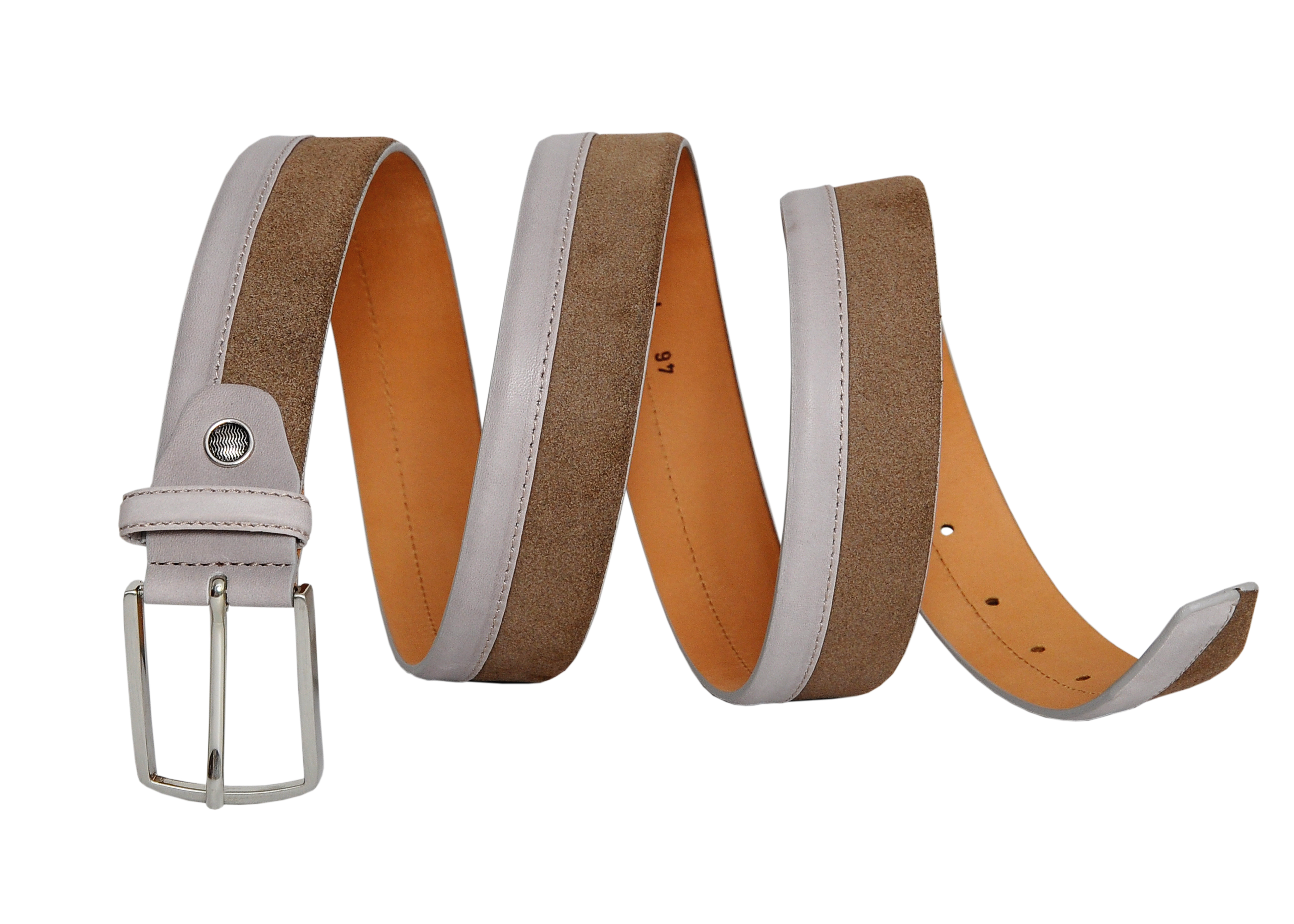 Siene Beige Leather Men Suede Belt featuring soft beige suede, light grey leather trim, and a simple silver buckle, elegantly displayed in a gift box.