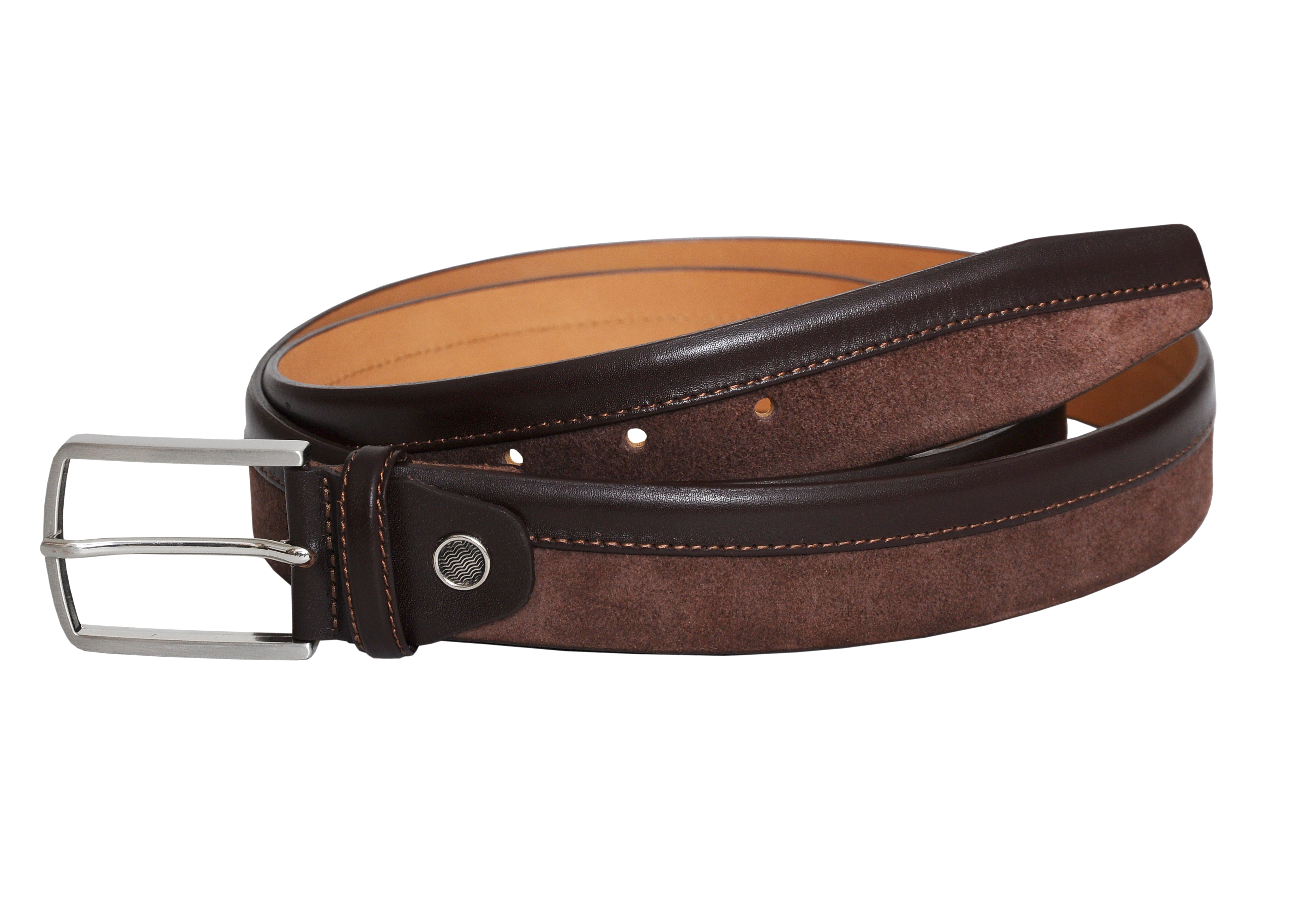 Siene Brown Leather Men Suede Belt featuring a soft suede texture and sleek silver-toned buckle, elegantly displayed in a gift box.