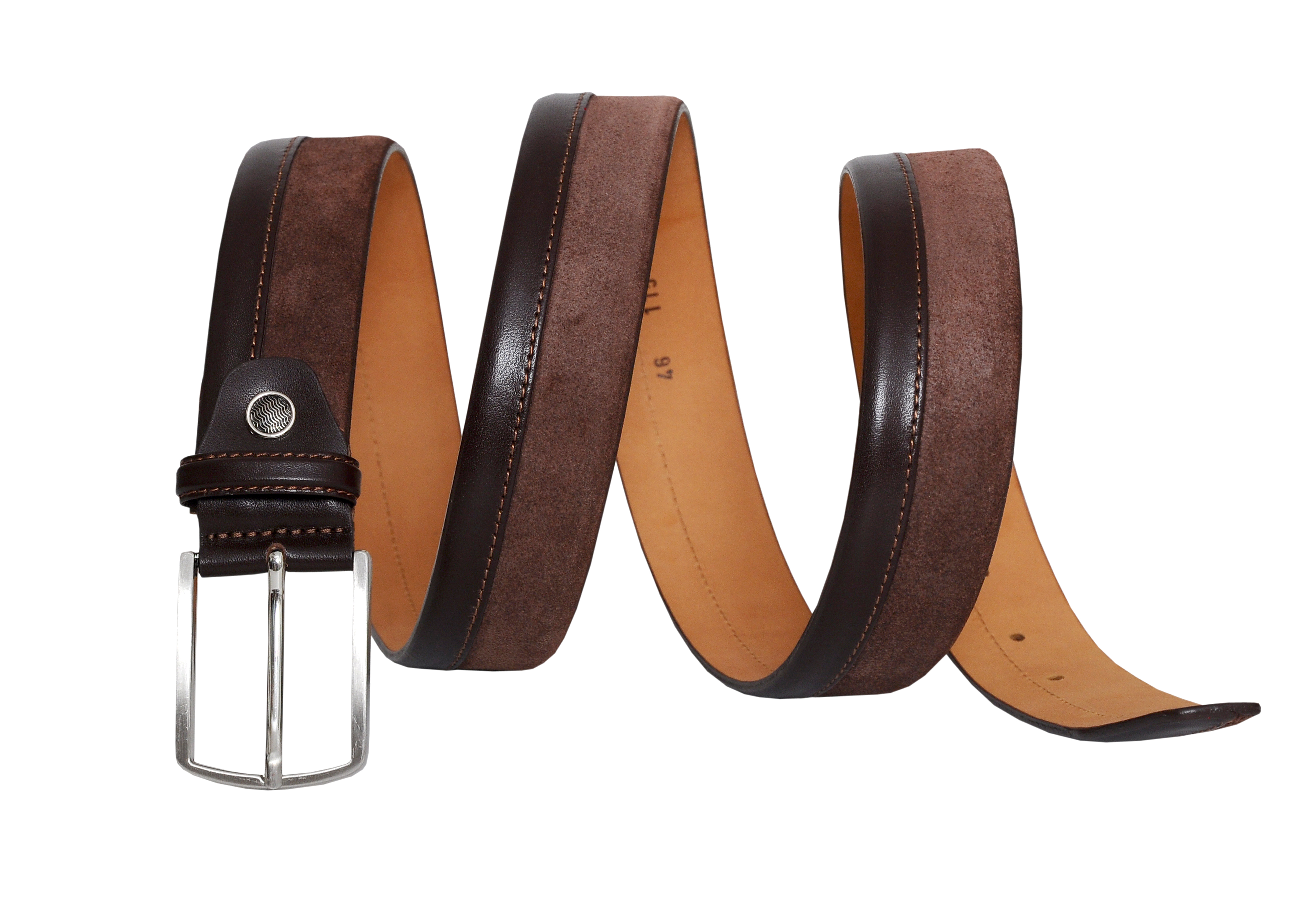 Siene Brown Leather Men Suede Belt featuring a soft suede texture and sleek silver-toned buckle, elegantly displayed in a gift box.