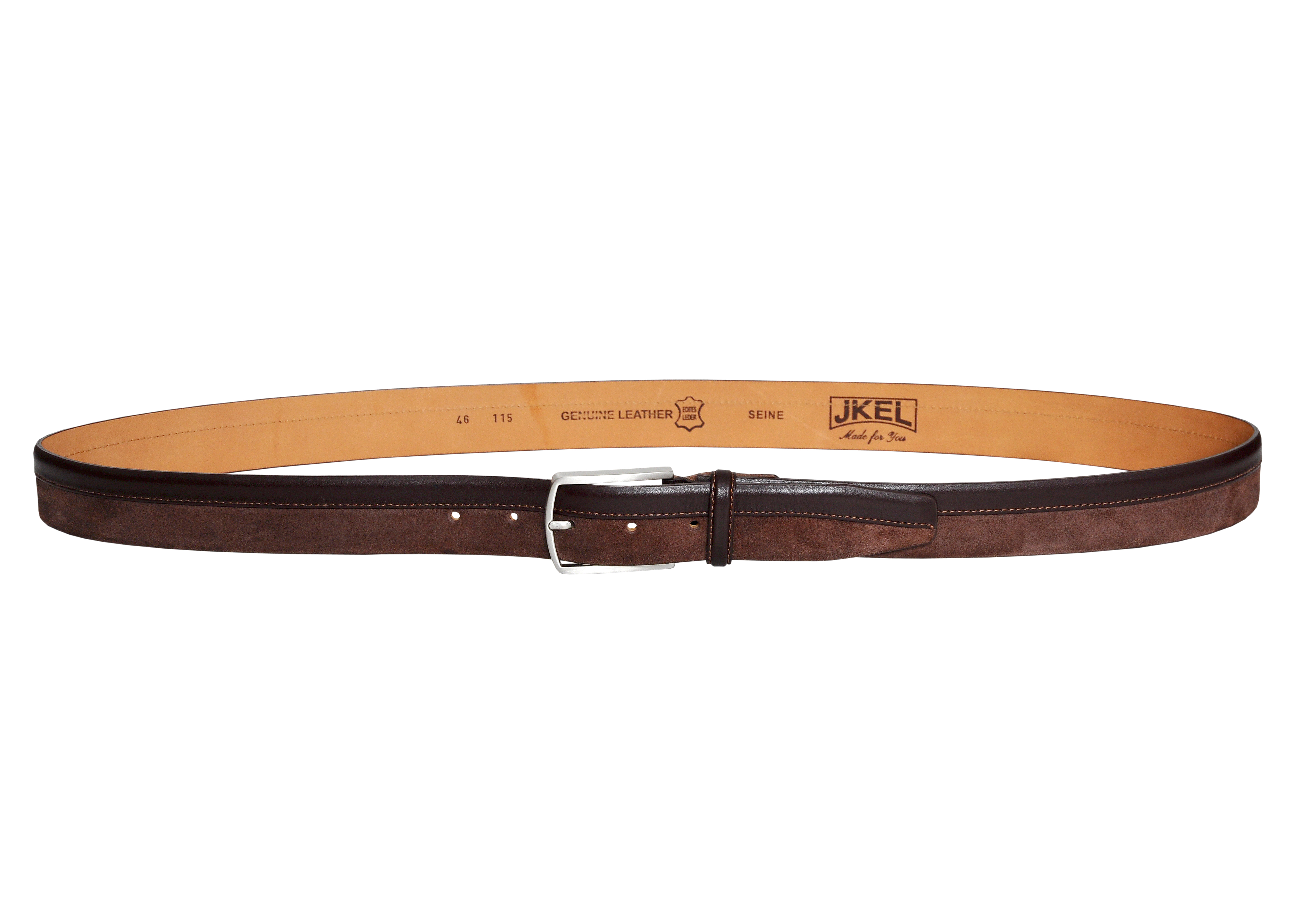 Siene Brown Leather Men Suede Belt featuring a soft suede texture and sleek silver-toned buckle, elegantly displayed in a gift box.