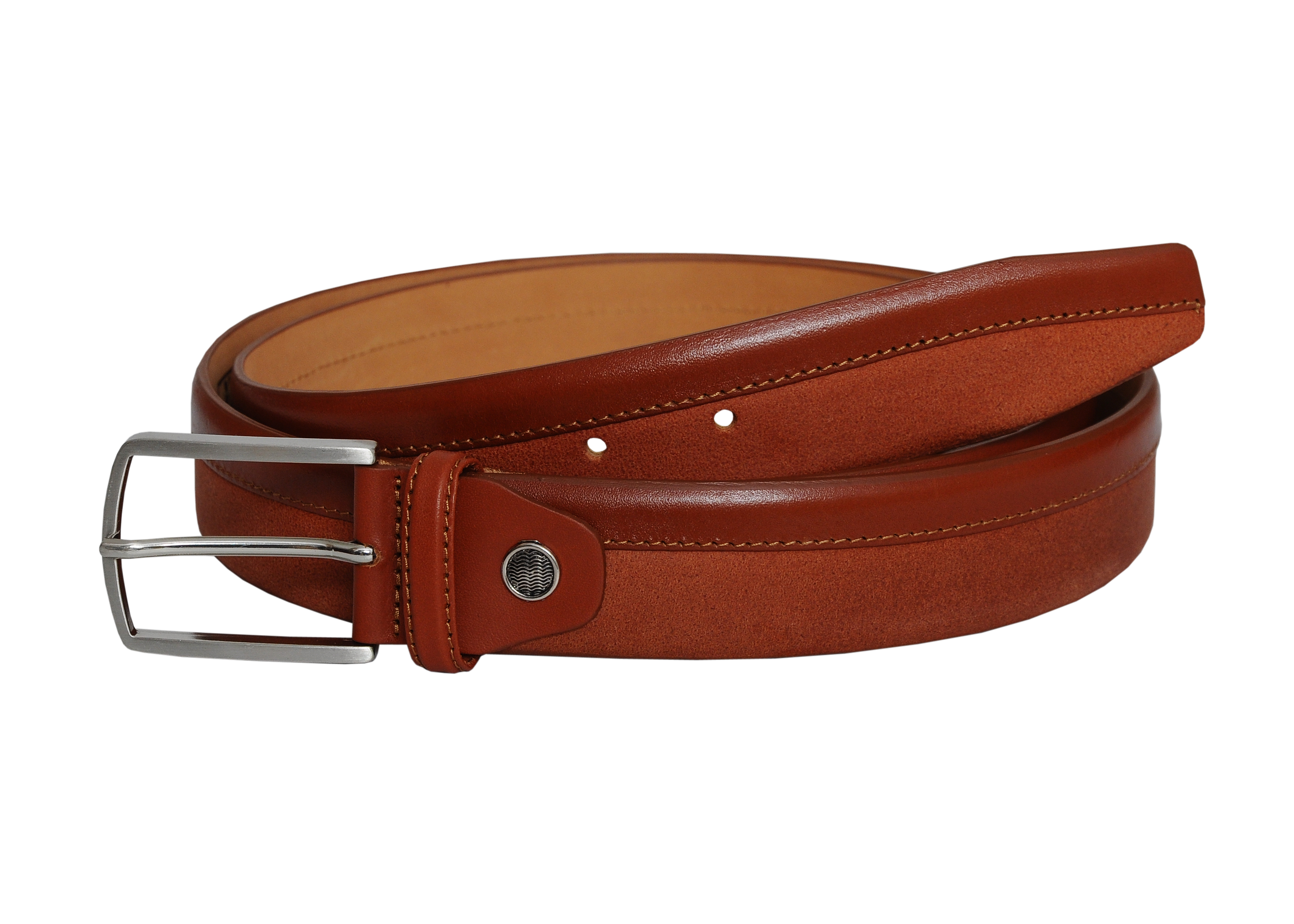 Siene Tan Leather Men Suede Belt featuring a soft tan suede material and a sleek silver buckle, elegantly displayed in a gift box.