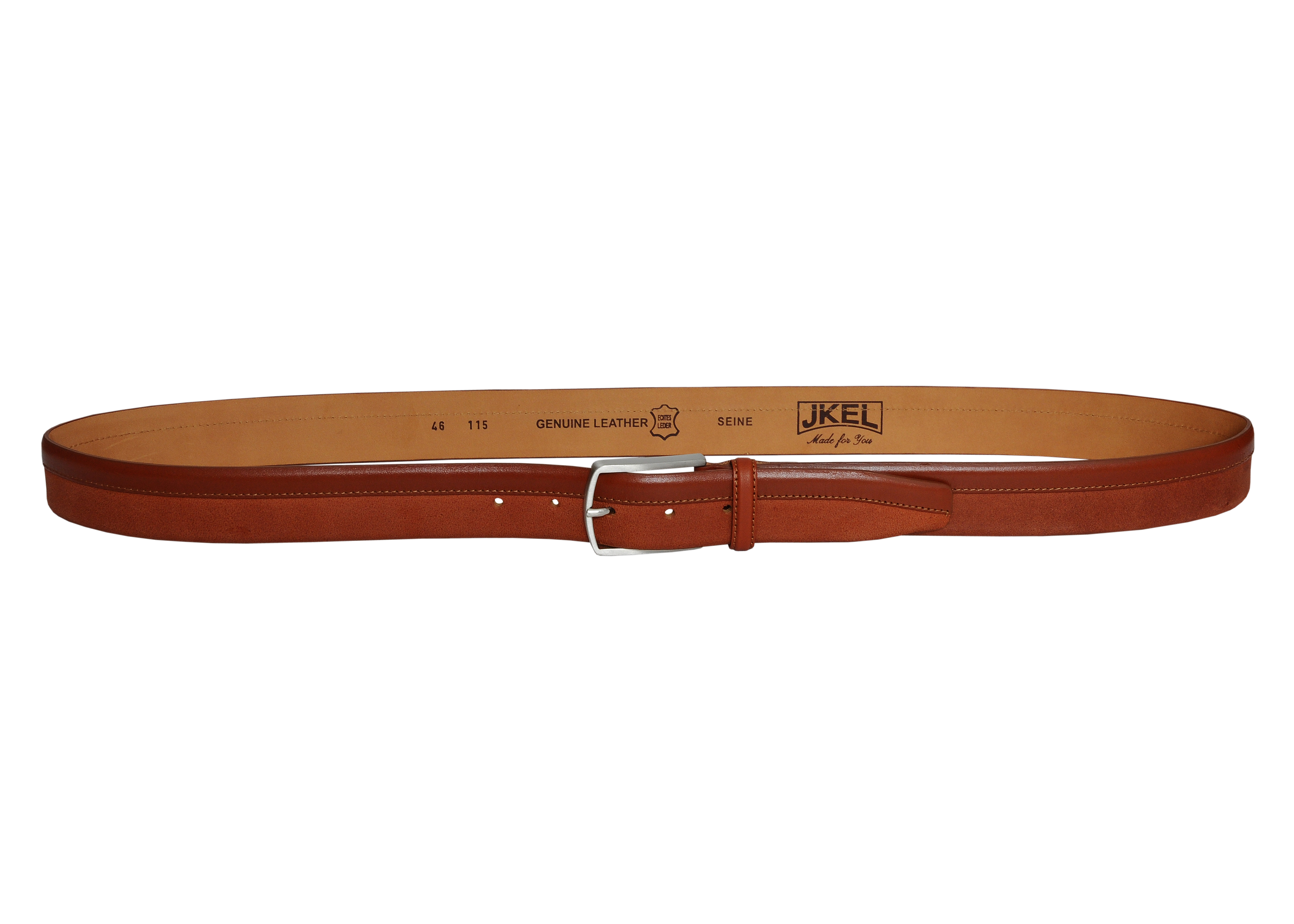 Siene Tan Leather Men Suede Belt featuring a soft tan suede material and a sleek silver buckle, elegantly displayed in a gift box.