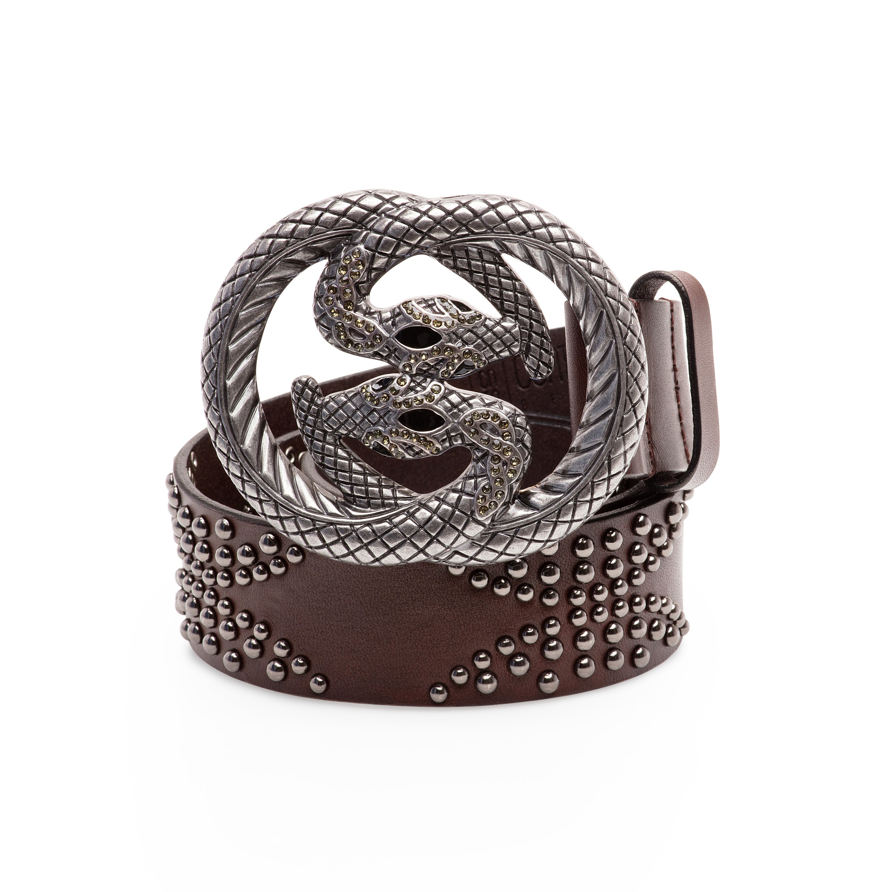 Dark brown women's belt featuring a unique snake buckle and studded strap, crafted from genuine full grain leather.