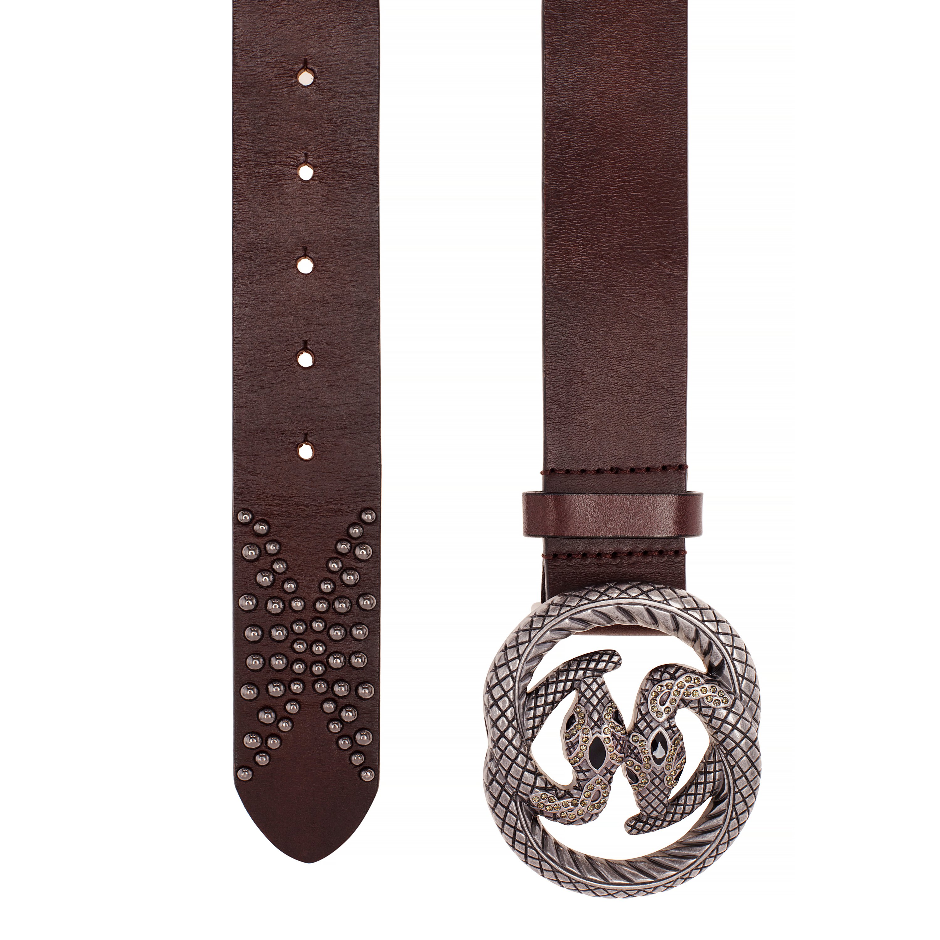 Dark brown women's belt featuring a unique snake buckle and studded strap, crafted from genuine full grain leather.