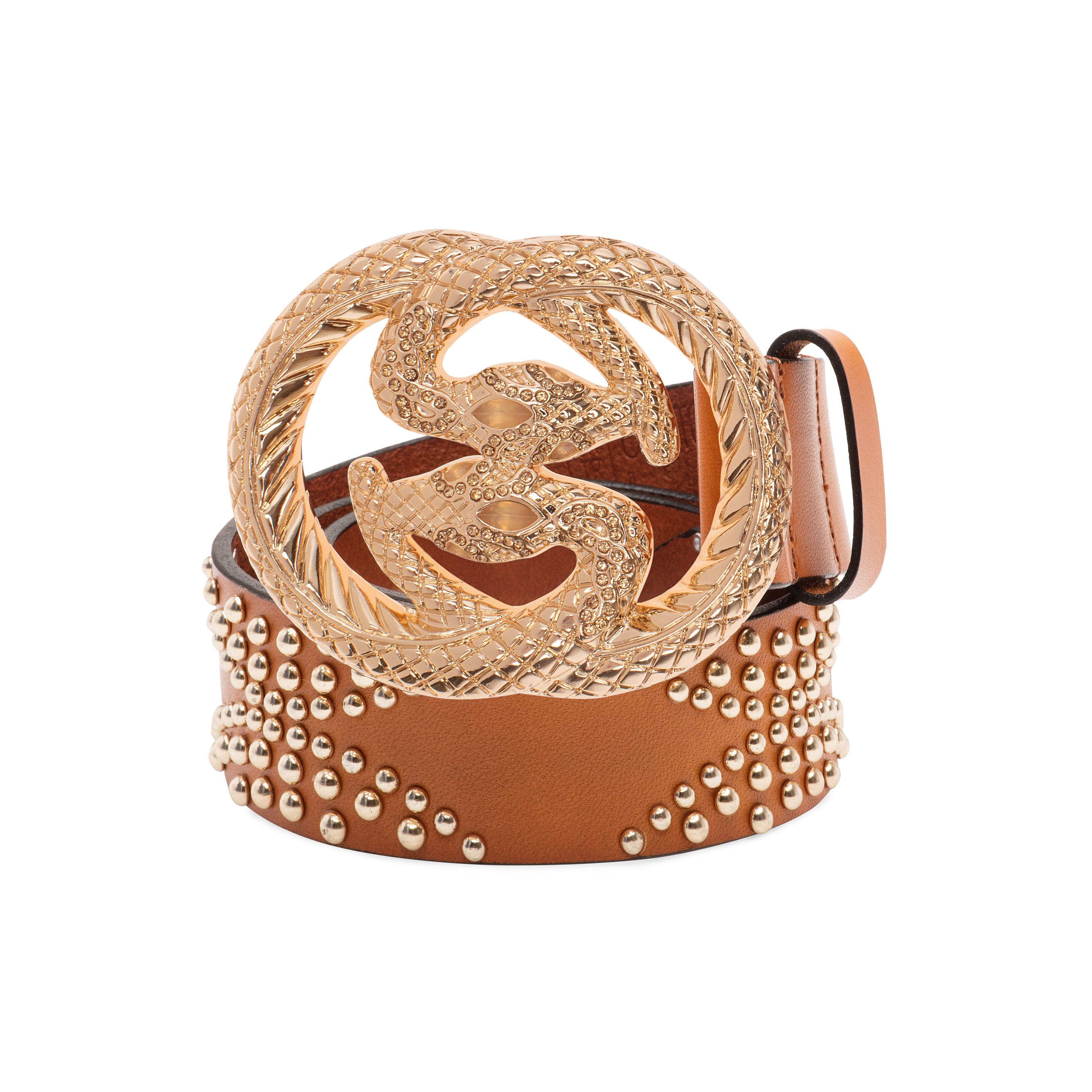 Stylish Snake Glam Belt in camel color with gold snake buckle and studded design, perfect for enhancing any outfit.