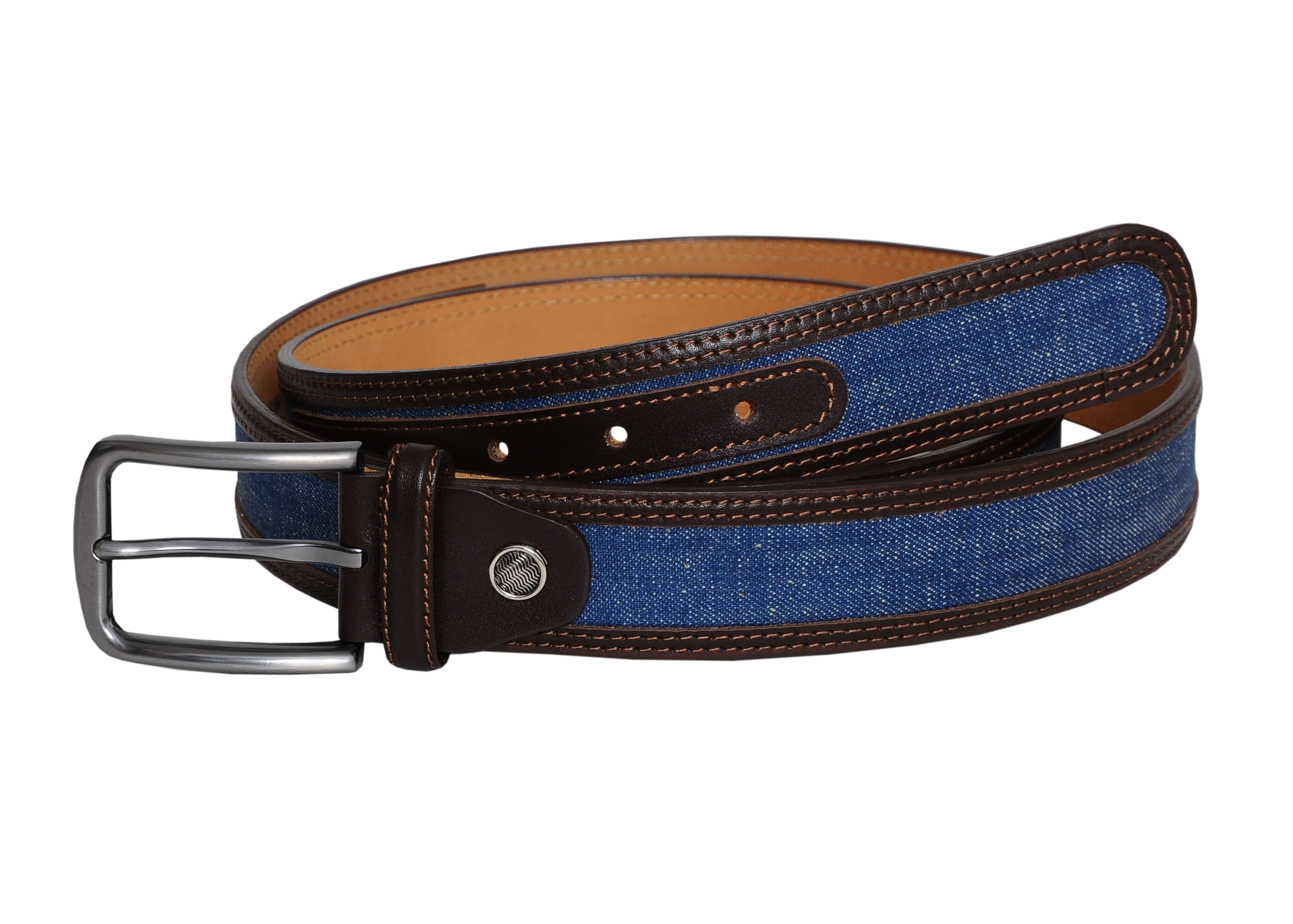 Swindon Brown Blue Leather Men Belt featuring a brown leather body, blue denim inlay, and a classic silver buckle, elegantly displayed in a gift box.