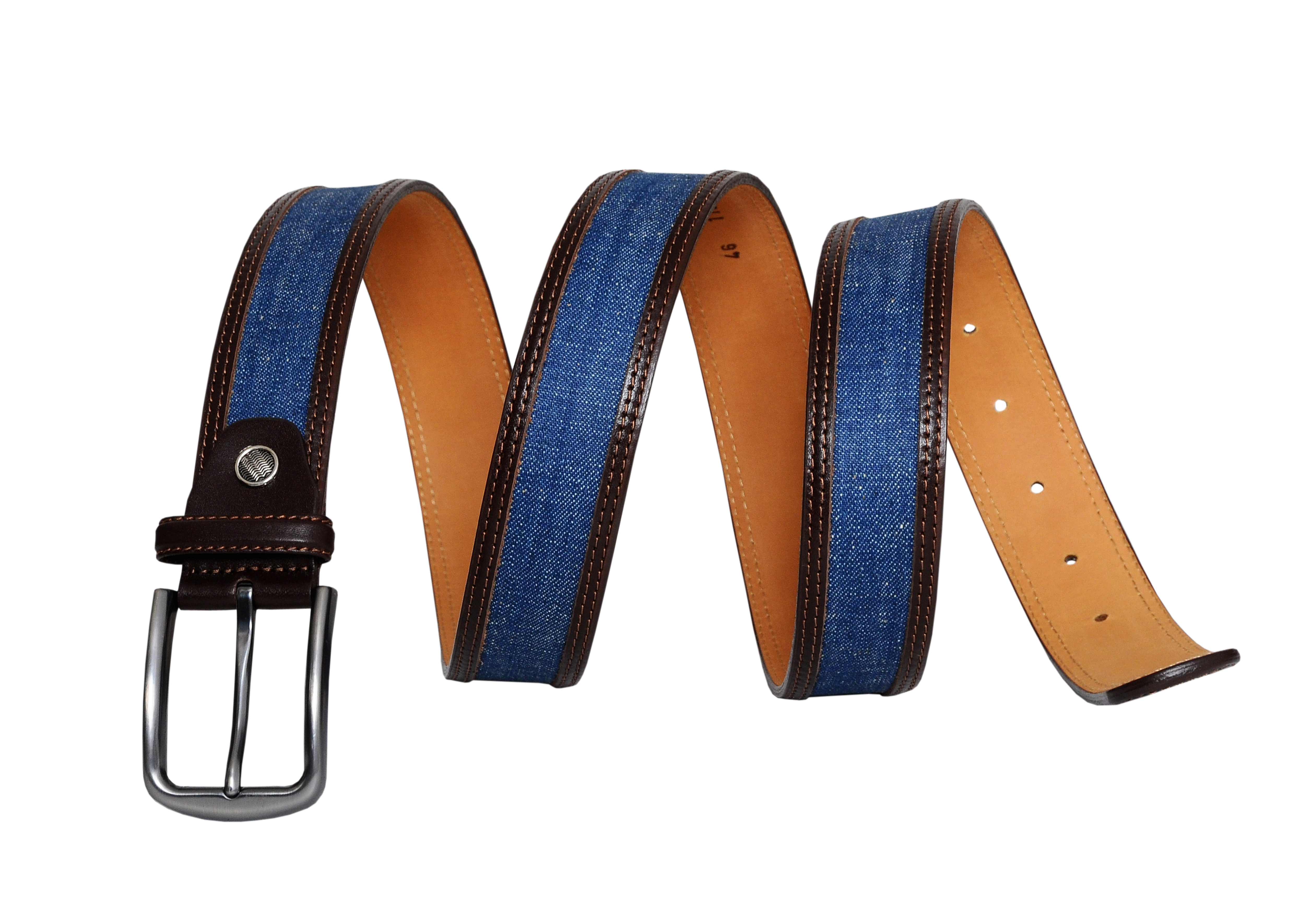 Swindon Brown Blue Leather Men Belt featuring a brown leather body, blue denim inlay, and a classic silver buckle, elegantly displayed in a gift box.