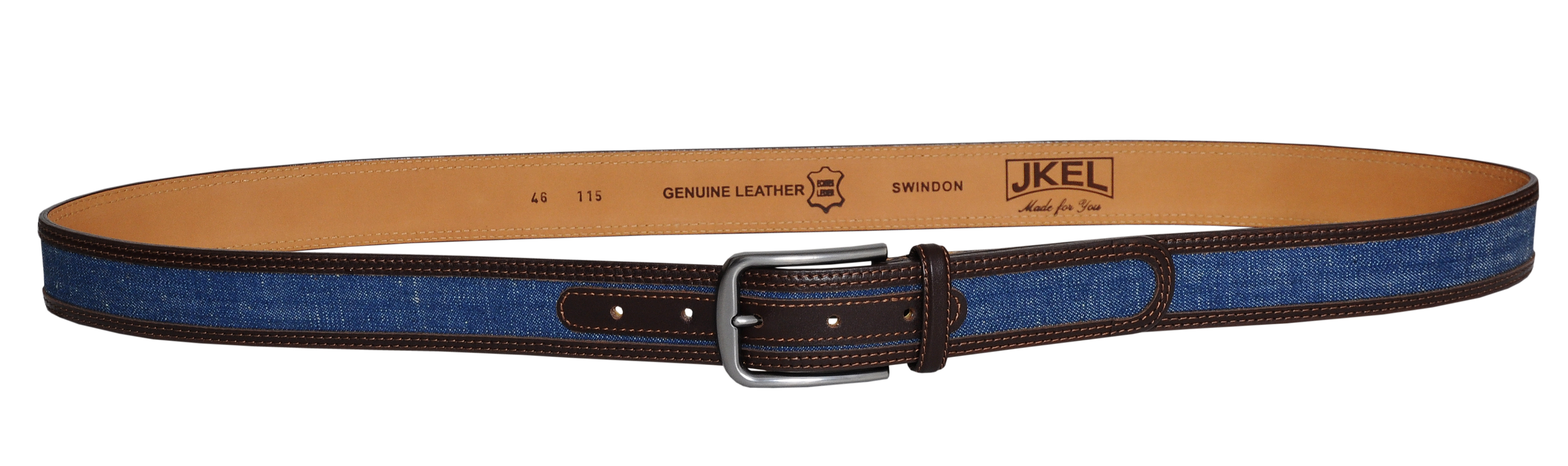 Swindon Brown Blue Leather Men Belt featuring a brown leather body, blue denim inlay, and a classic silver buckle, elegantly displayed in a gift box.