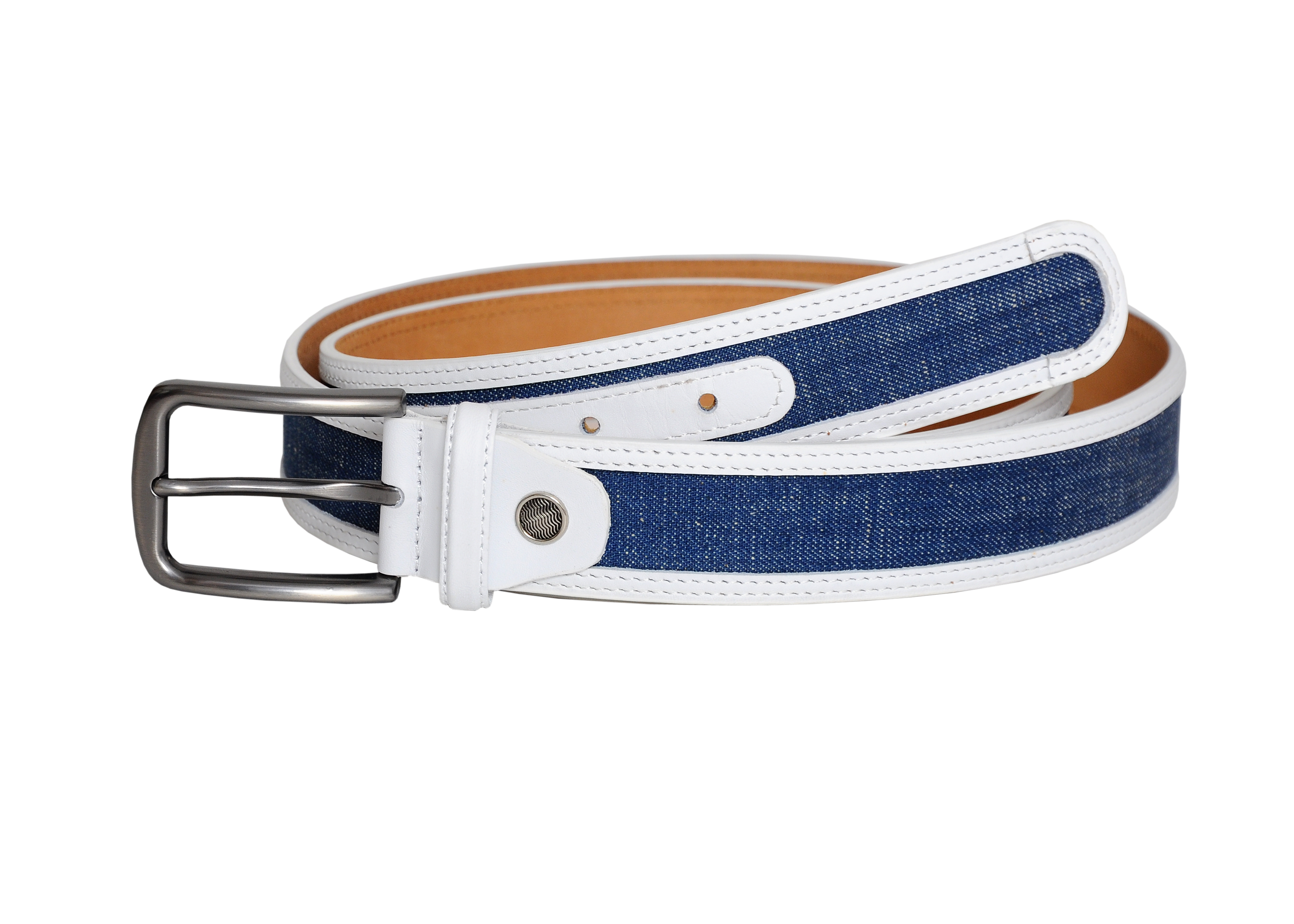 Swindon White Blue Leather Men Belt featuring a sleek silver buckle, combining classic white leather with blue denim for a stylish accessory.