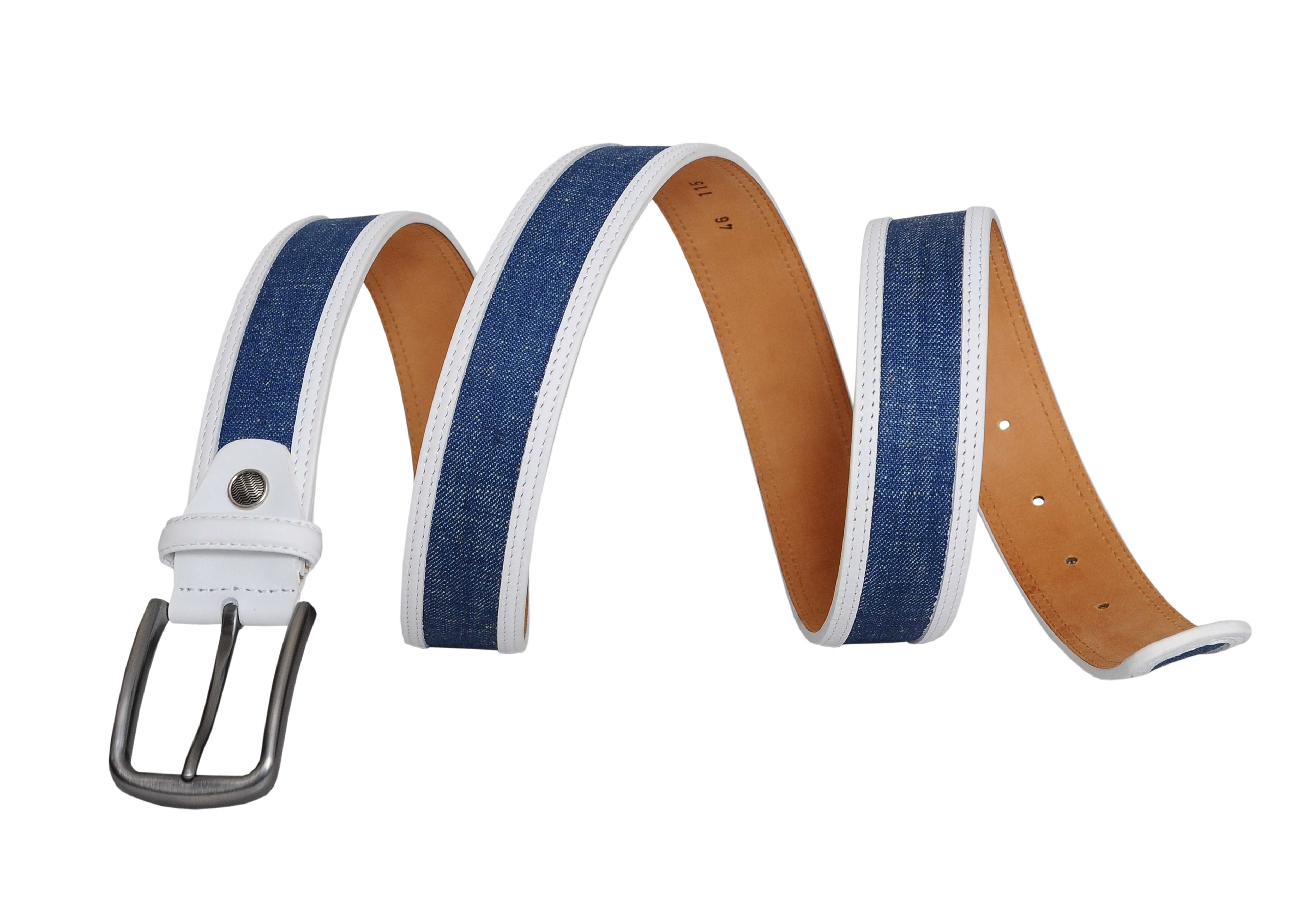 Swindon White Blue Leather Men Belt featuring a sleek silver buckle, combining classic white leather with blue denim for a stylish accessory.