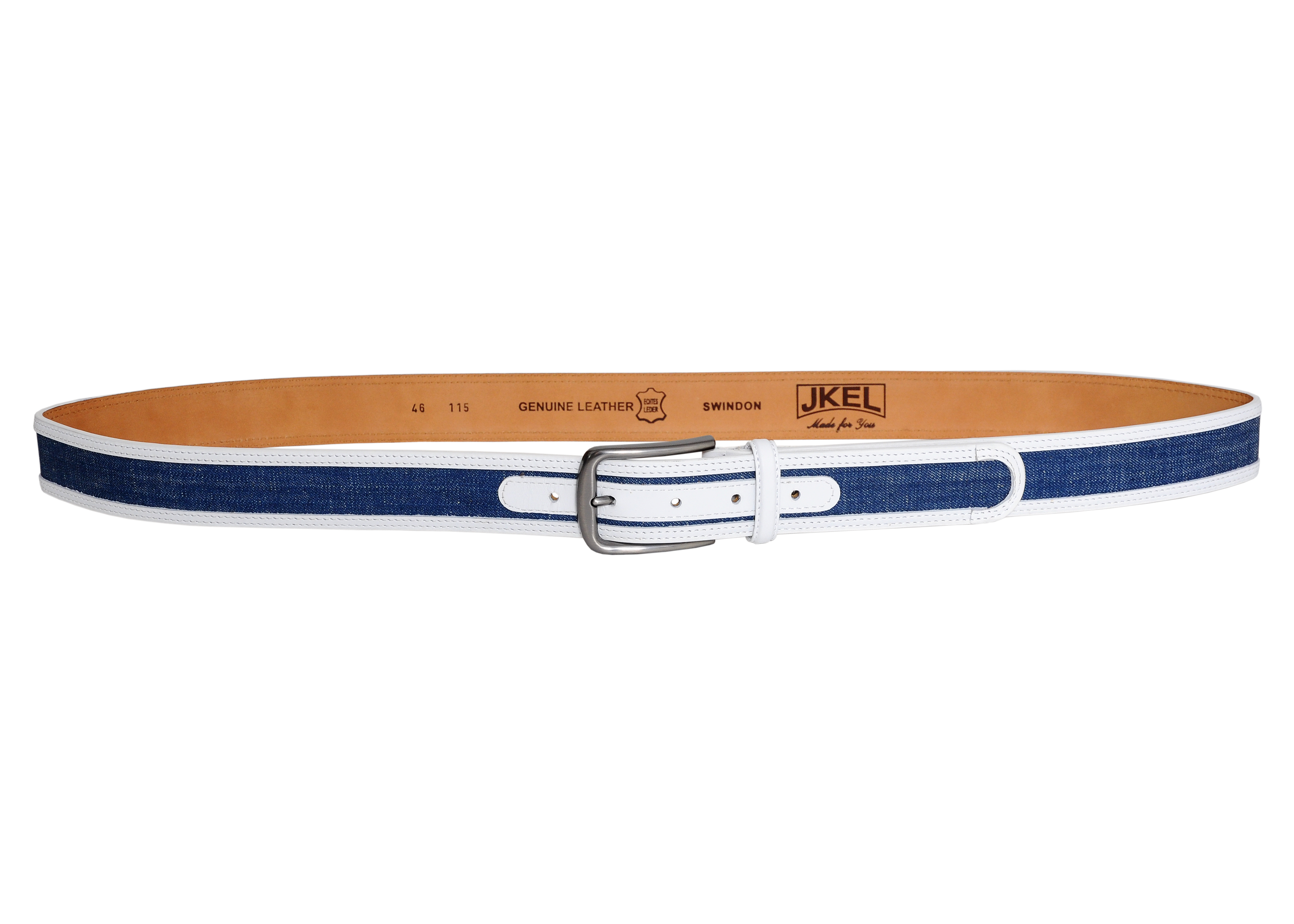 Swindon White Blue Leather Men Belt featuring a sleek silver buckle, combining classic white leather with blue denim for a stylish accessory.