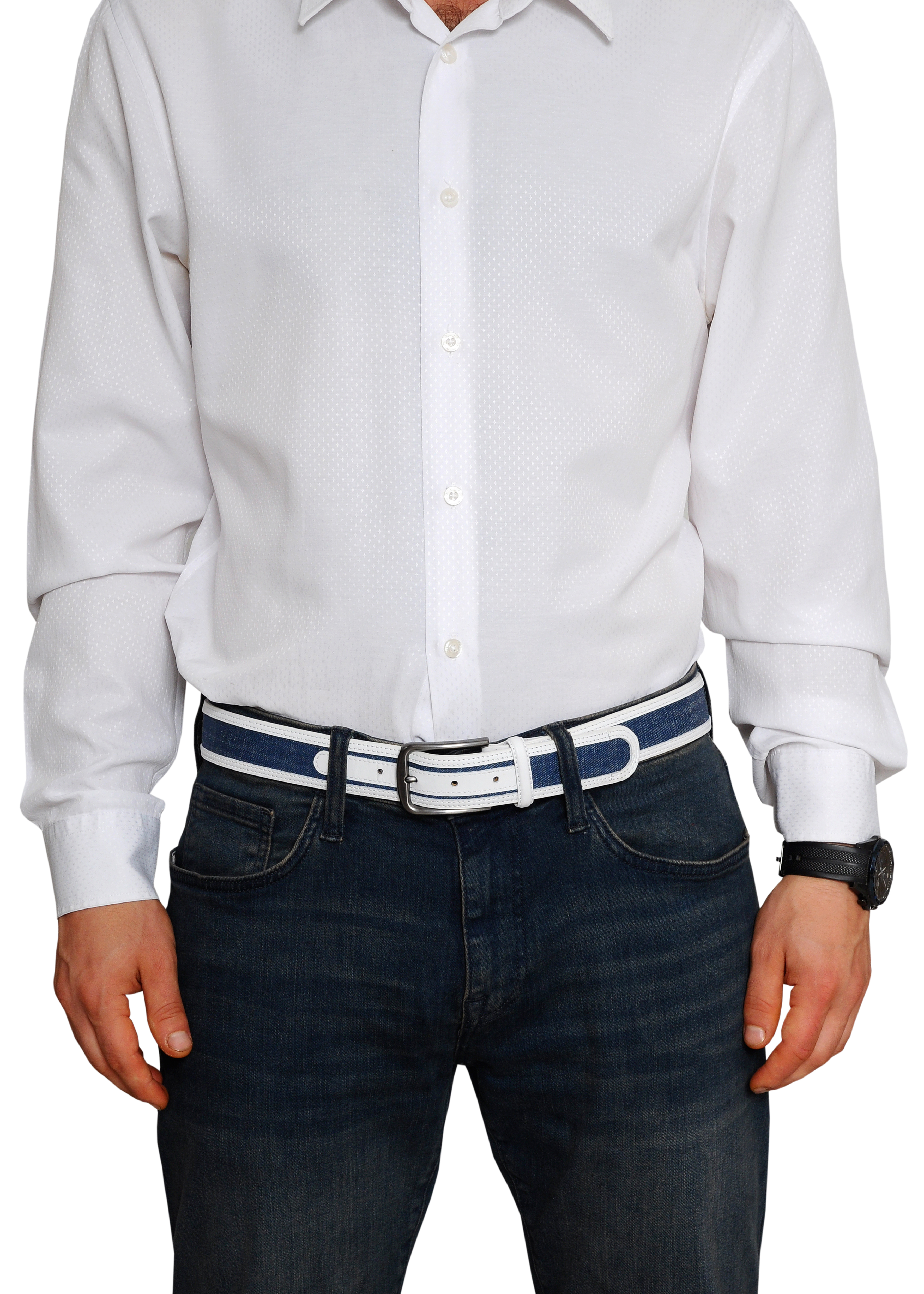 Swindon White Blue Leather Men Belt featuring a sleek silver buckle, combining classic white leather with blue denim for a stylish accessory.