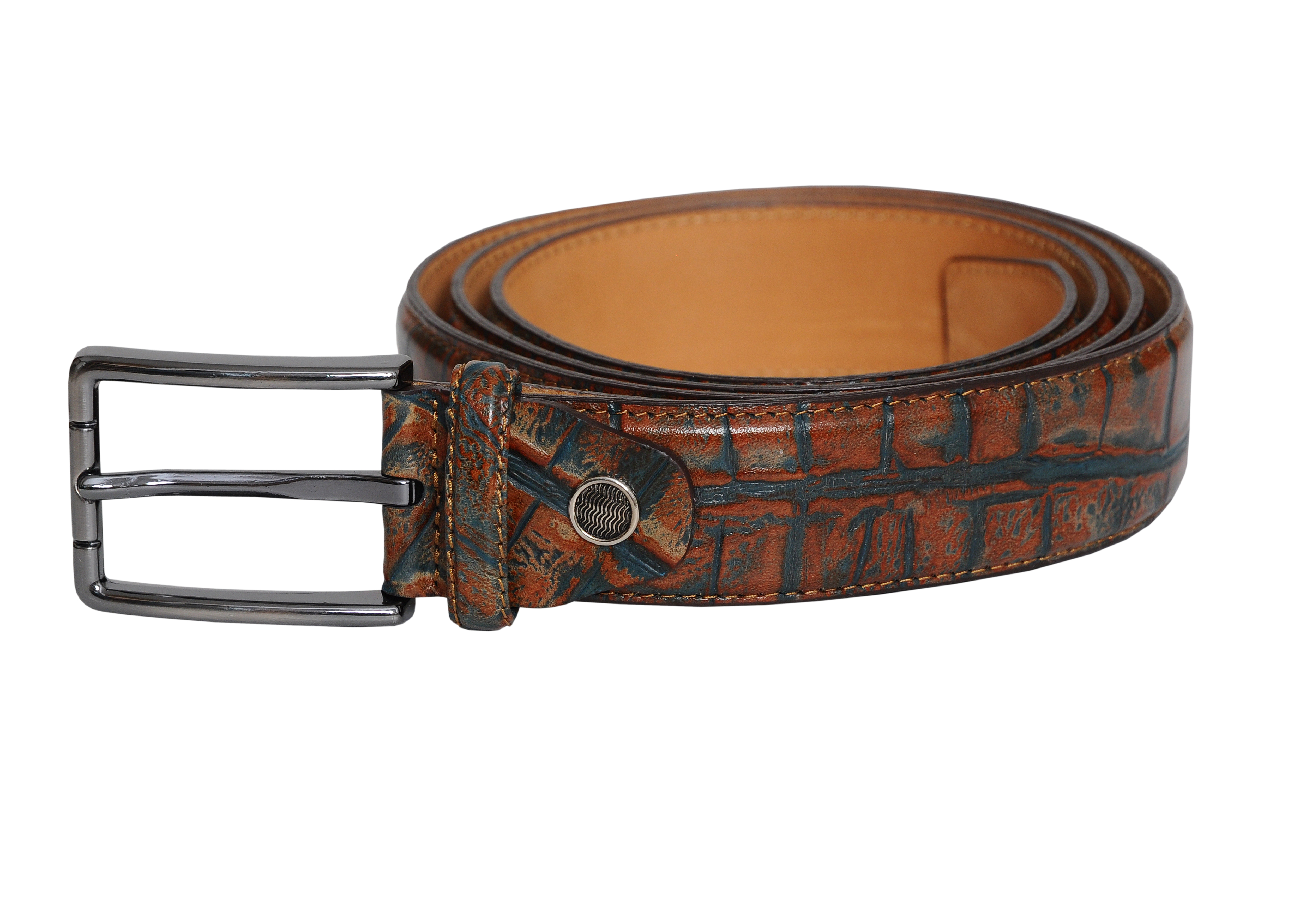 Vegas Brown Blue Leather Men's Belt with nickel-free buckle, showcasing a stylish blend of brown and blue leather, perfect for any outfit.