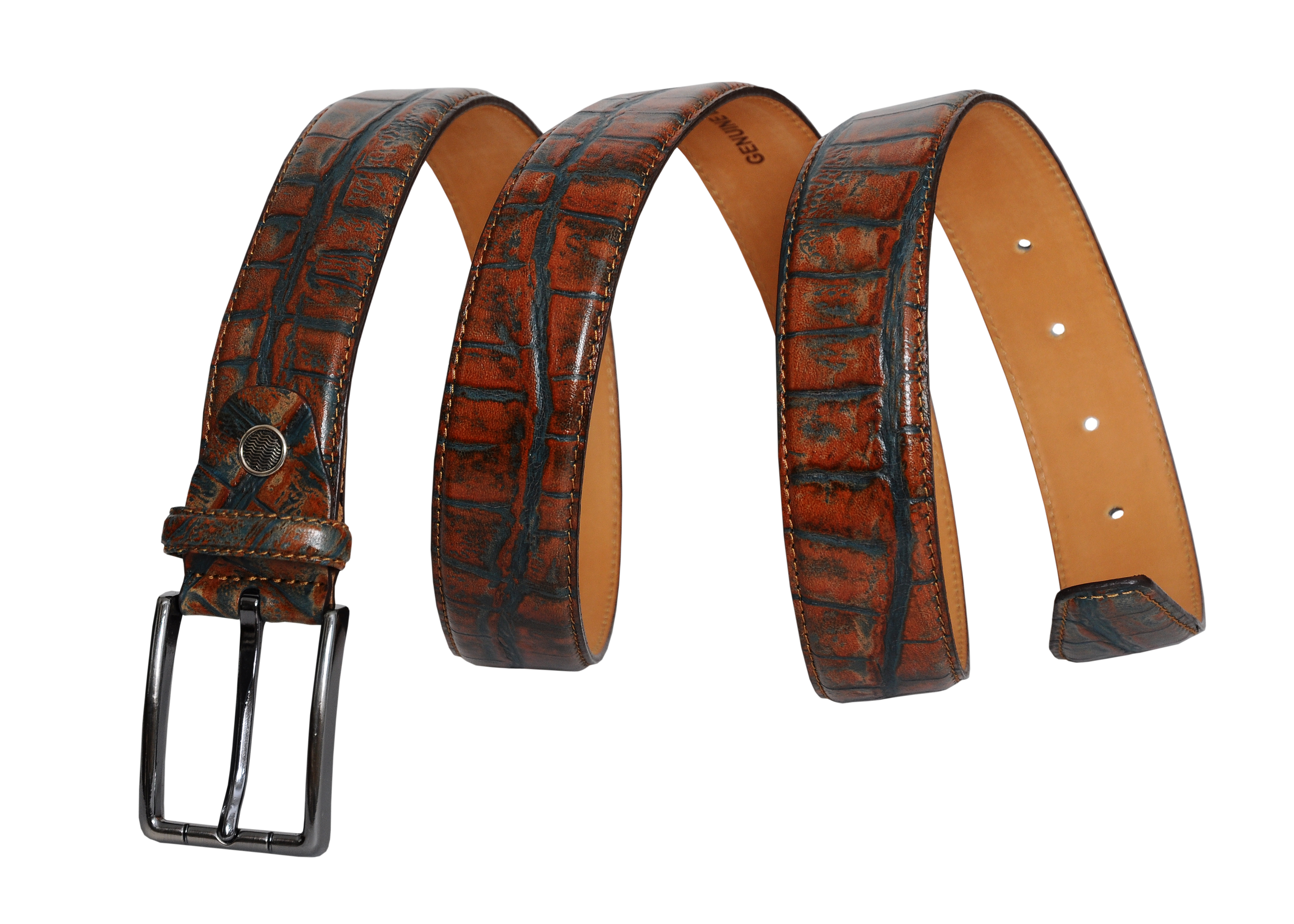 Vegas Brown Blue Leather Men's Belt with nickel-free buckle, showcasing a stylish blend of brown and blue leather, perfect for any outfit.