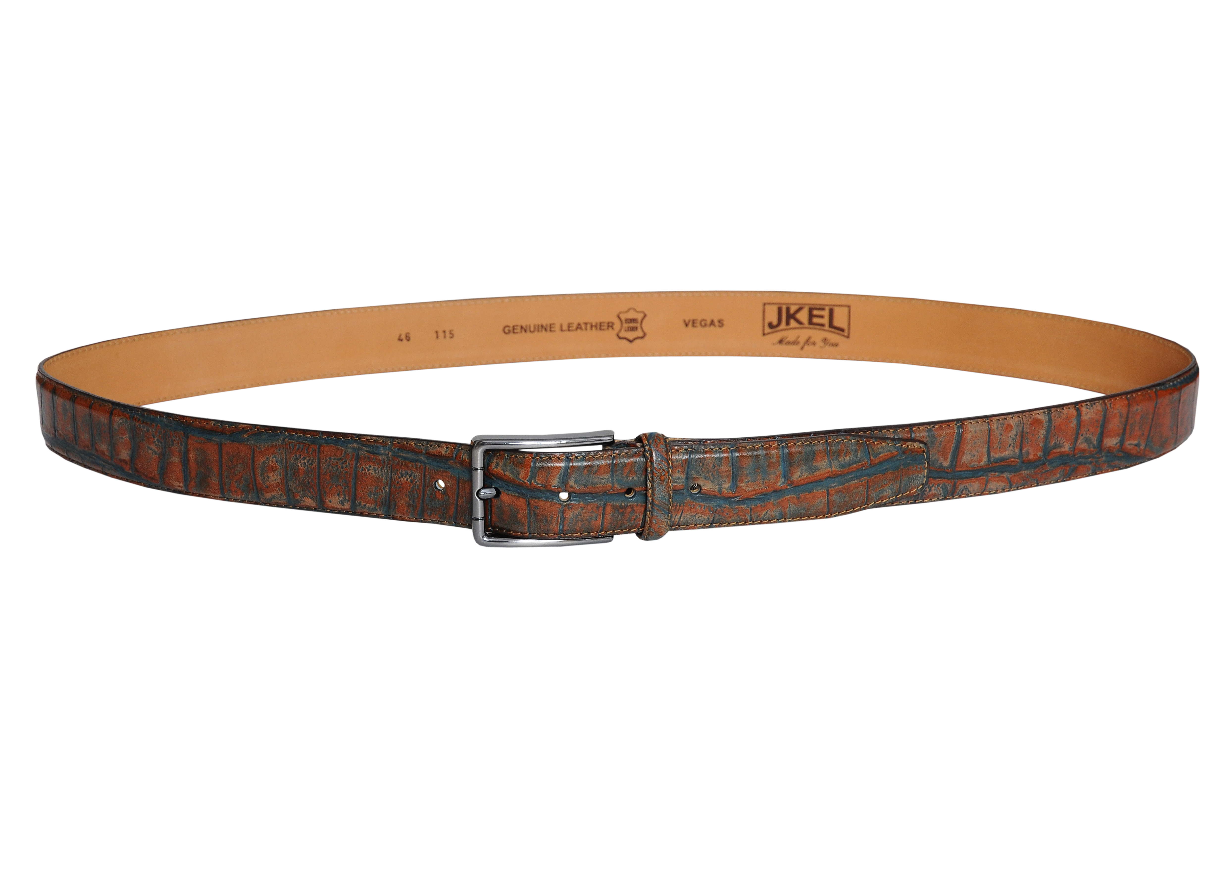 Vegas Brown Blue Leather Men's Belt with nickel-free buckle, showcasing a stylish blend of brown and blue leather, perfect for any outfit.