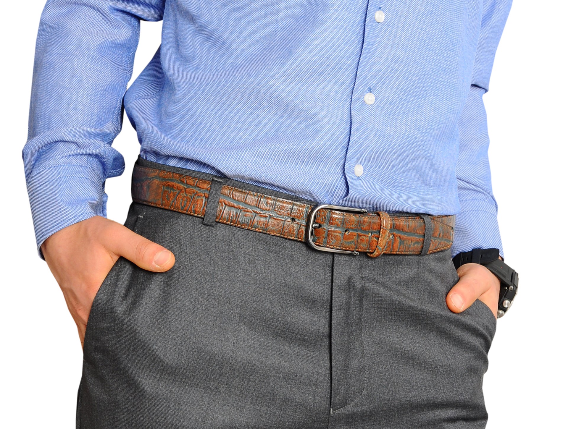 Vegas Brown Blue Leather Men's Belt with nickel-free buckle, showcasing a stylish blend of brown and blue leather, perfect for any outfit.