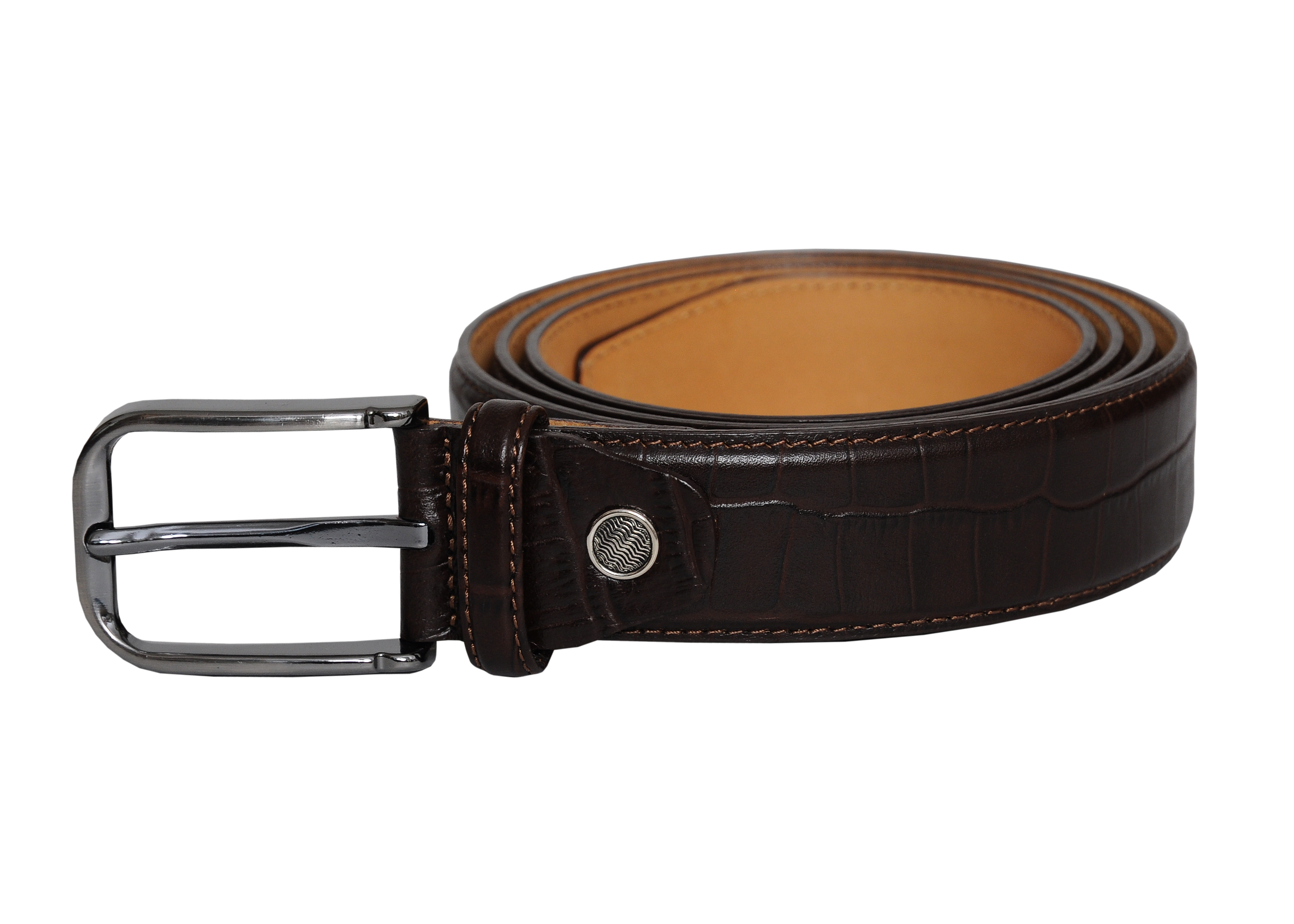 Vegas Brown Leather Men Belt with silver buckle, showcasing its stretch feature and elegant design.