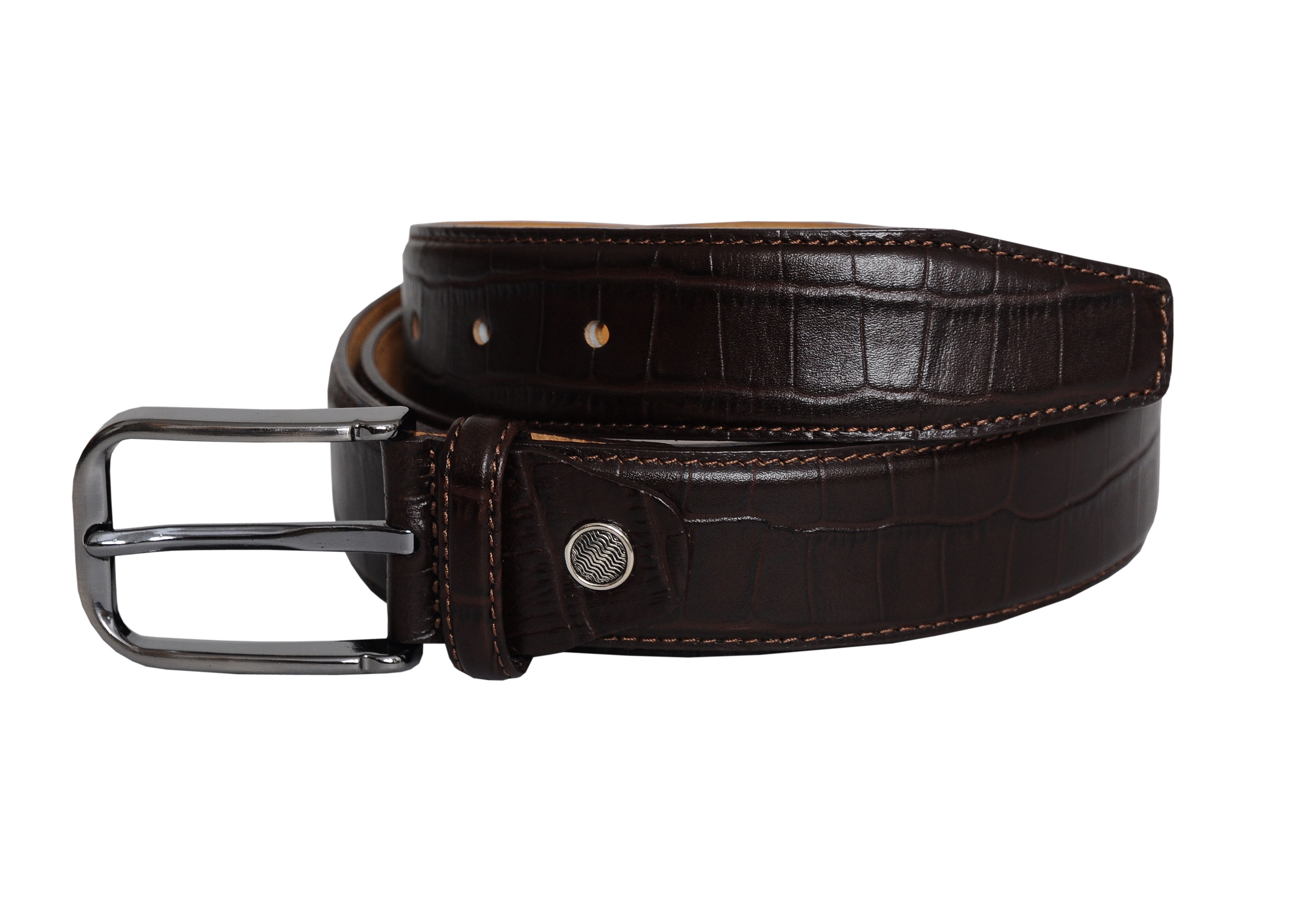 Vegas Brown Leather Men Belt with silver buckle, showcasing its stretch feature and elegant design.