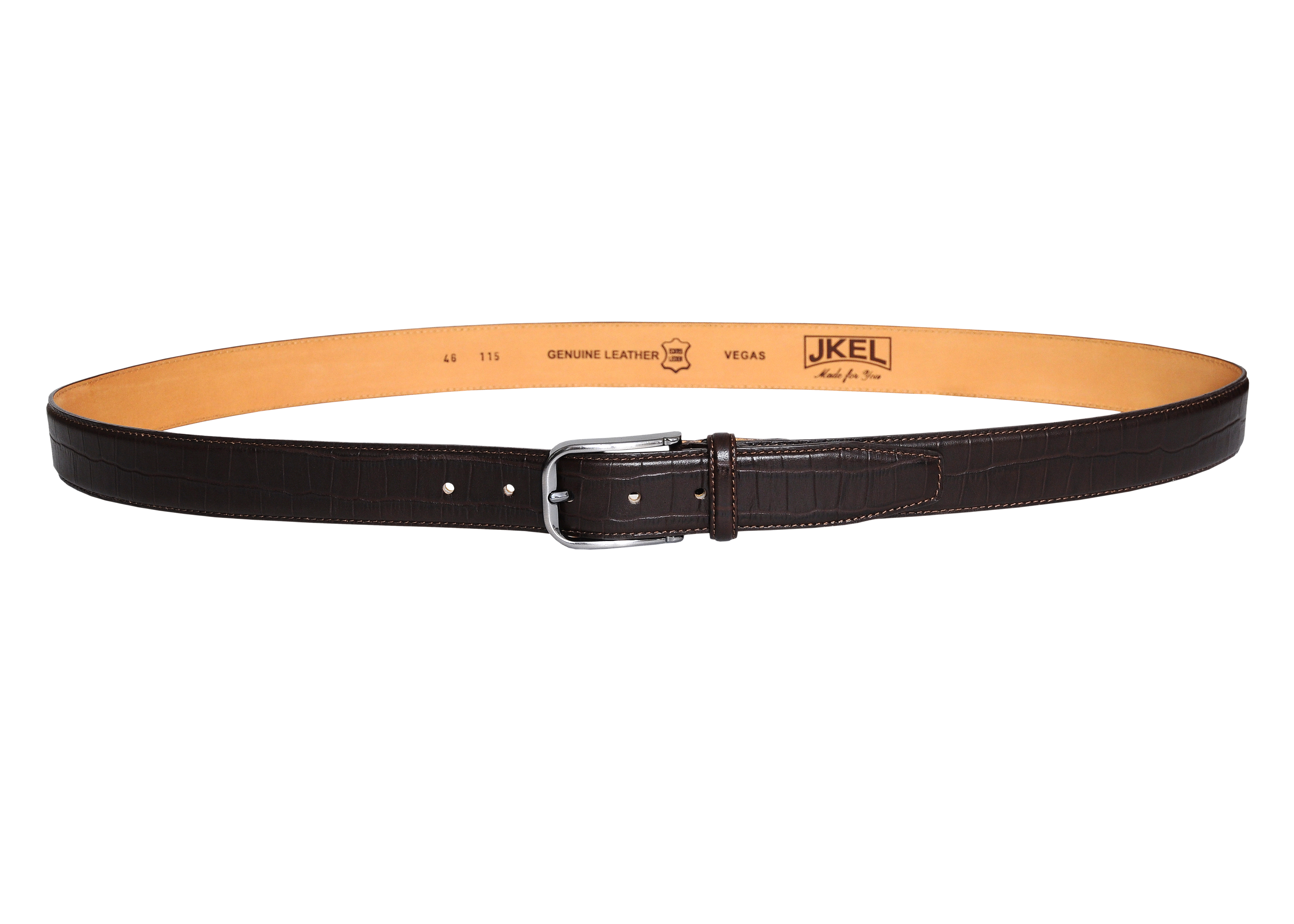 Vegas Brown Leather Men Belt with silver buckle, showcasing its stretch feature and elegant design.