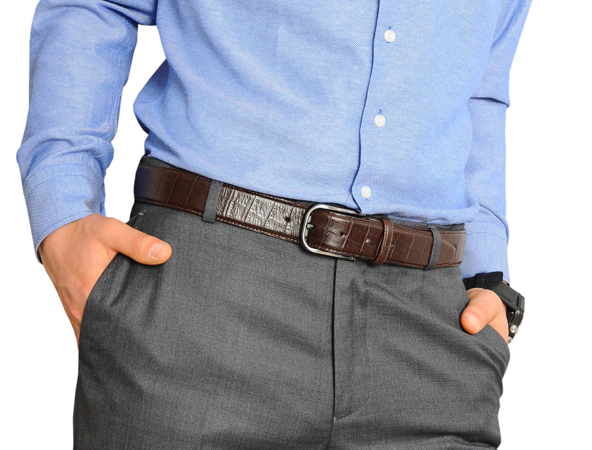 Vegas Brown Leather Men Belt with silver buckle, showcasing its stretch feature and elegant design.