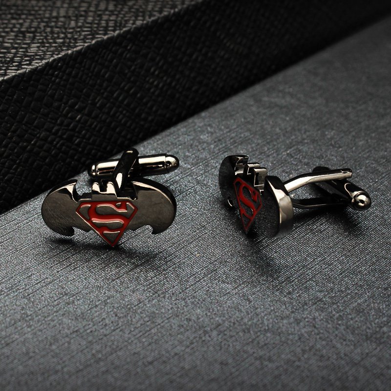 Stylish Batman and Superman cufflinks made from titanium alloy, featuring a unique two-in-one design, perfect for French cuff shirts.