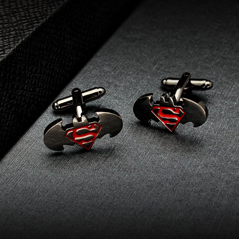 Stylish Batman and Superman cufflinks made from titanium alloy, featuring a unique two-in-one design, perfect for French cuff shirts.